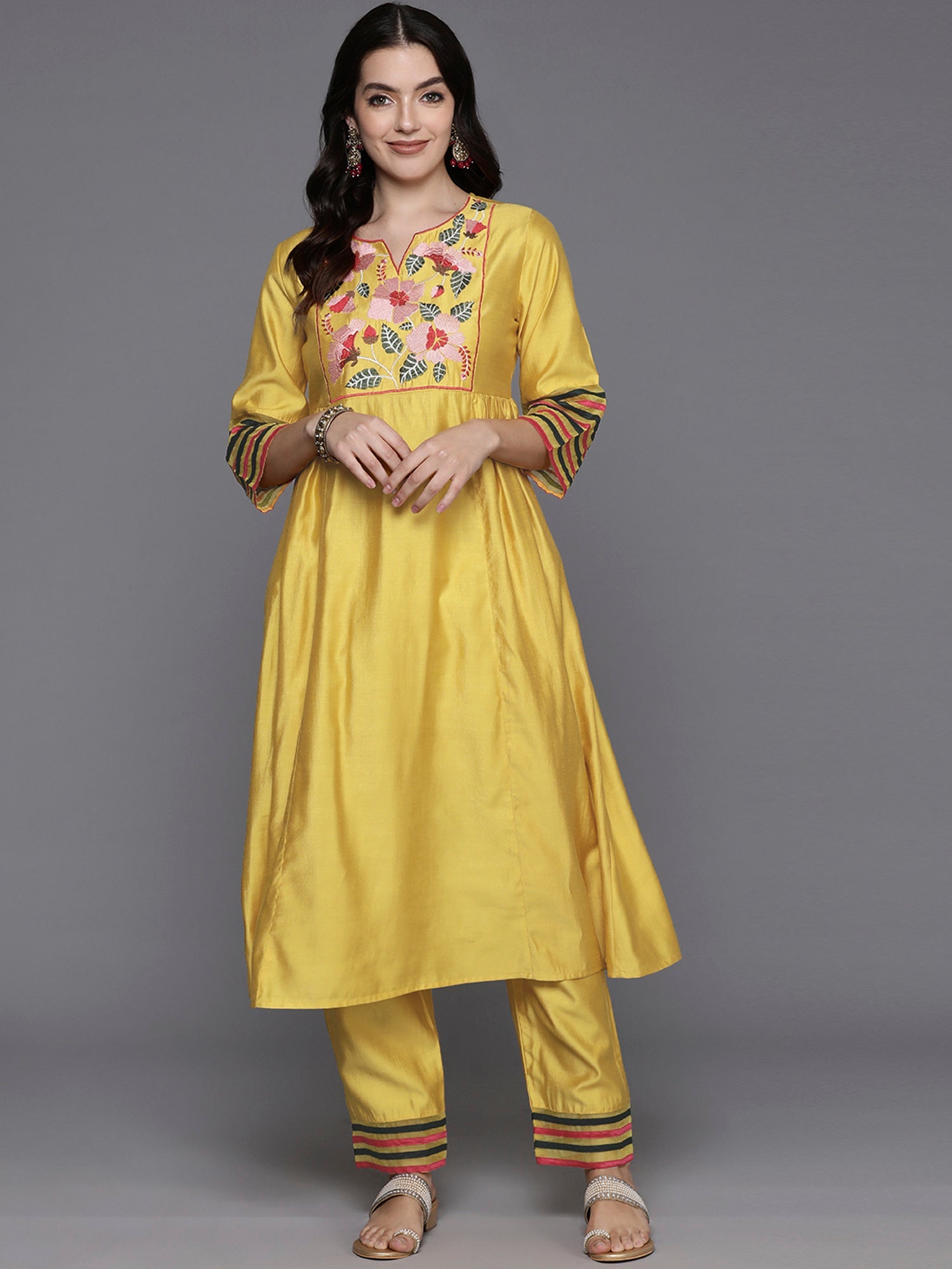 Women Yellow Embroidered A-Line Kurta Trousers  Set WomensFashionFun