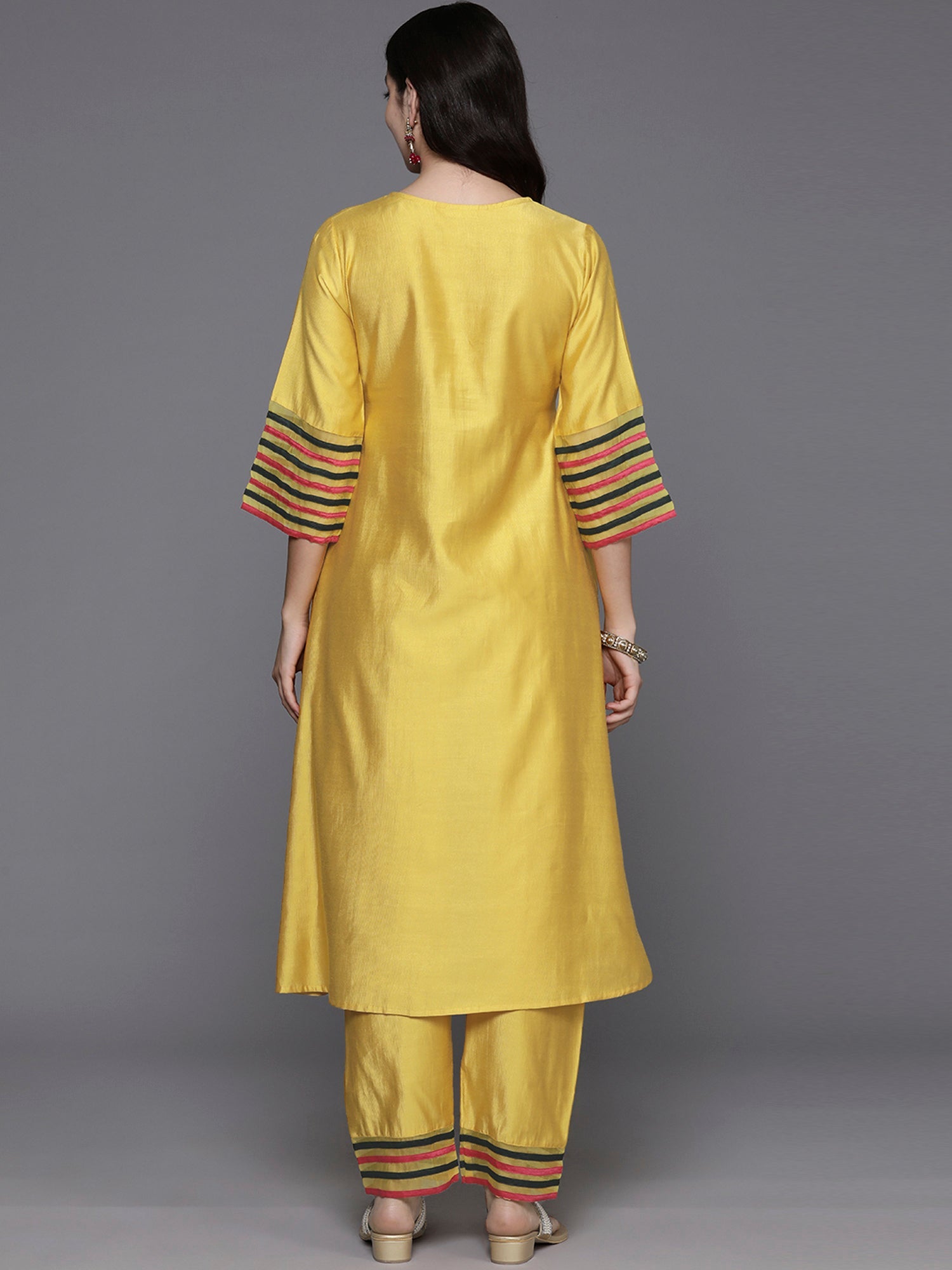 Women Yellow Embroidered A-Line Kurta Trousers  Set WomensFashionFun