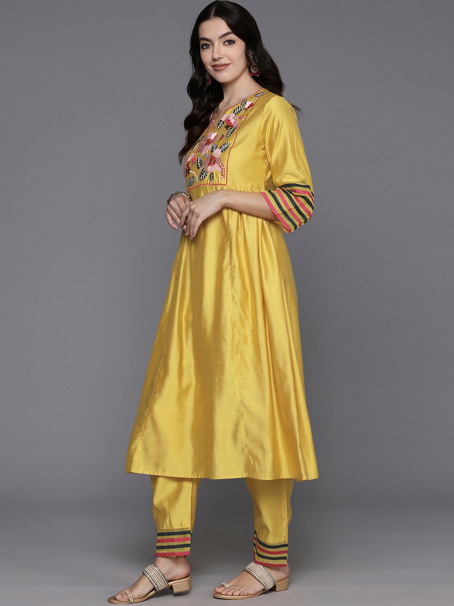 Women Yellow Embroidered A-Line Kurta Trousers  Set WomensFashionFun