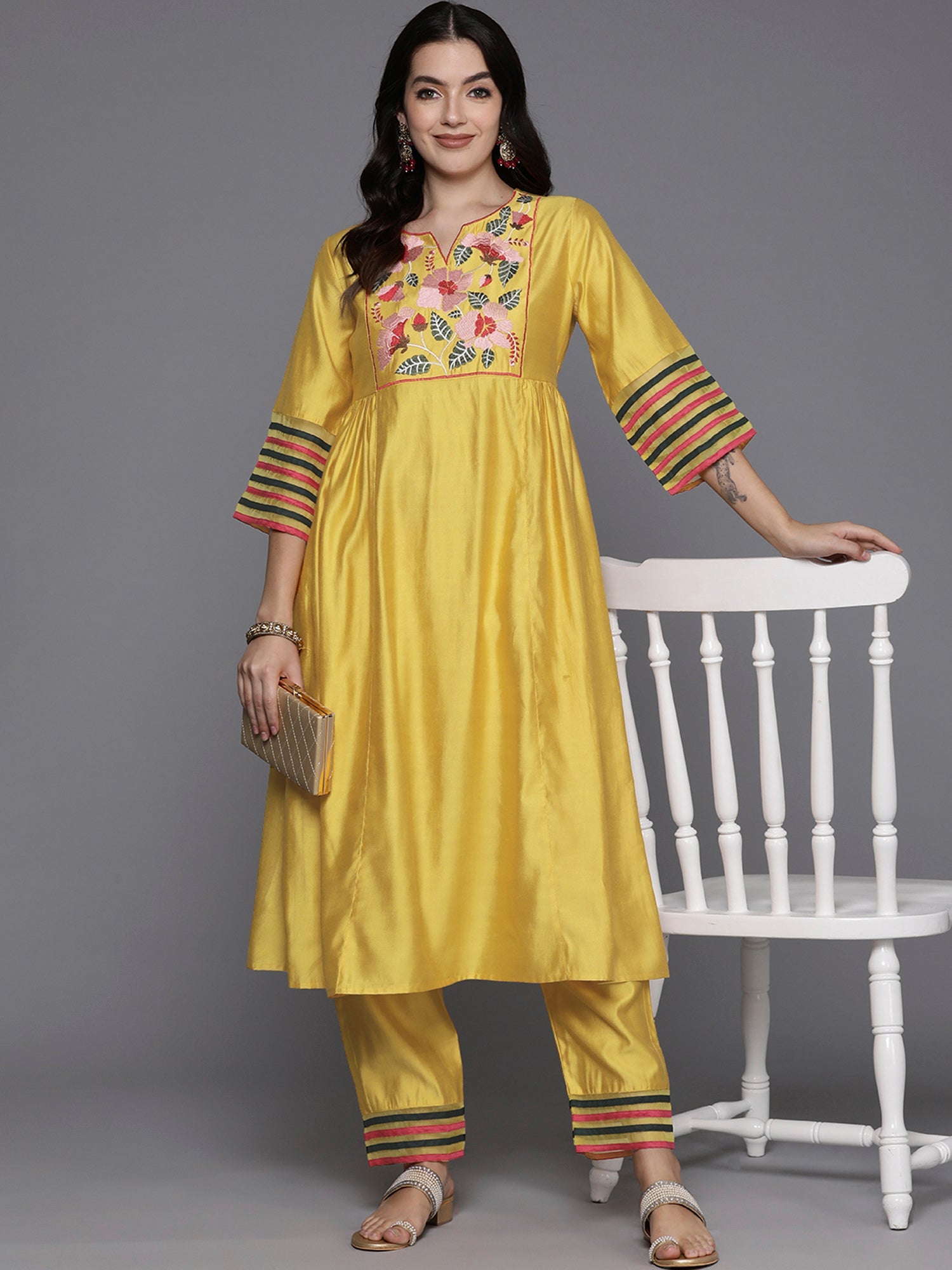 Women Yellow Embroidered A-Line Kurta Trousers  Set WomensFashionFun