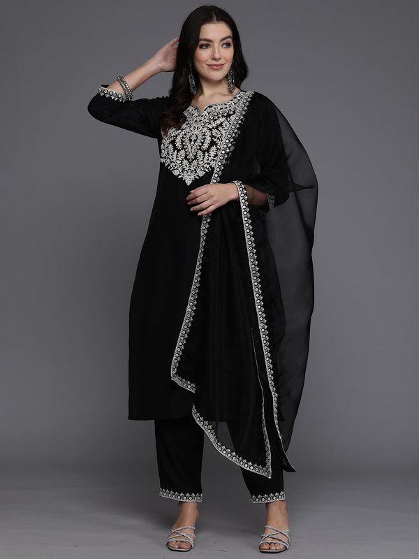 Women Black Embroidered Straight Kurta Trousers With Dupatta Set WomensFashionFun