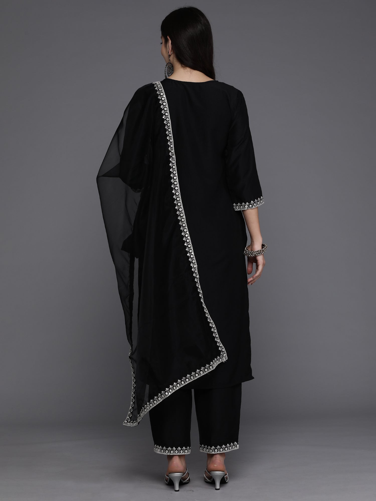 Women Black Embroidered Straight Kurta Trousers With Dupatta Set WomensFashionFun