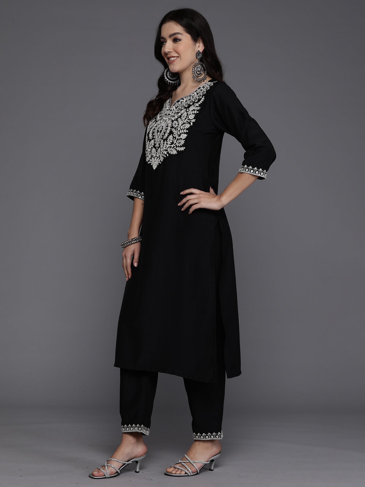 Women Black Embroidered Straight Kurta Trousers With Dupatta Set WomensFashionFun