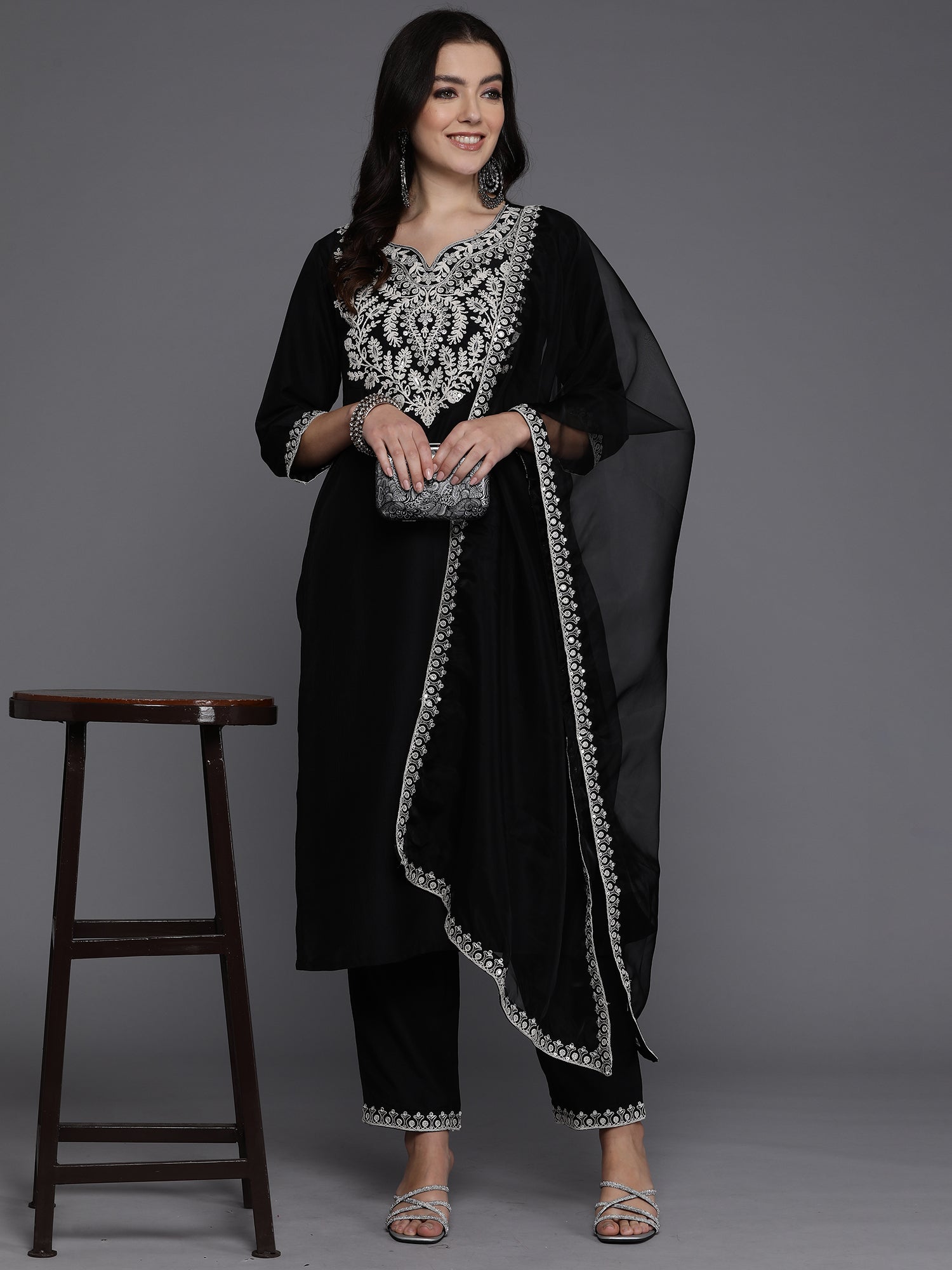 Women Black Embroidered Straight Kurta Trousers With Dupatta Set WomensFashionFun