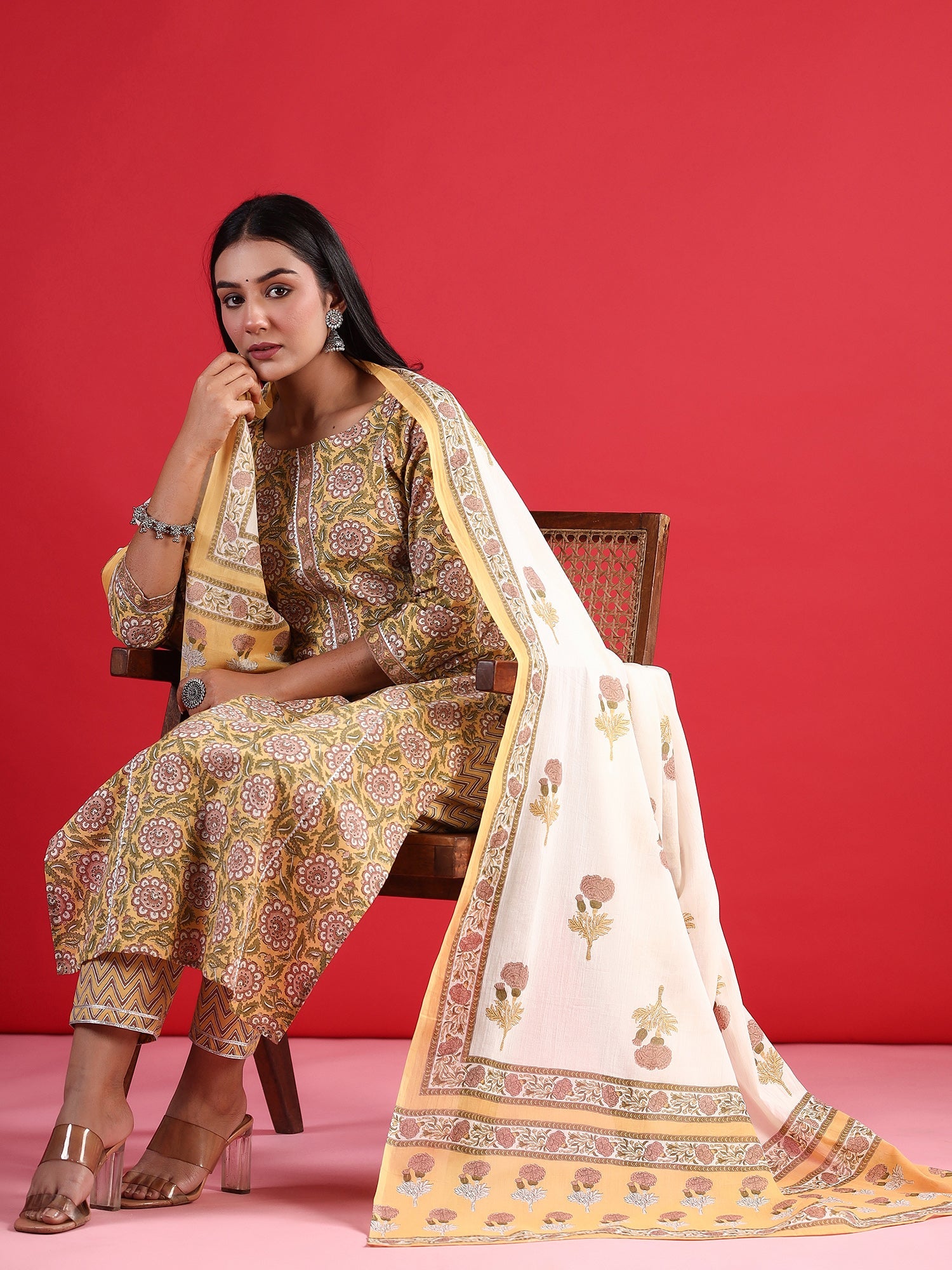 Women Yellow Printed Straight Kurta Trousers With Dupatta Set WomensFashionFun