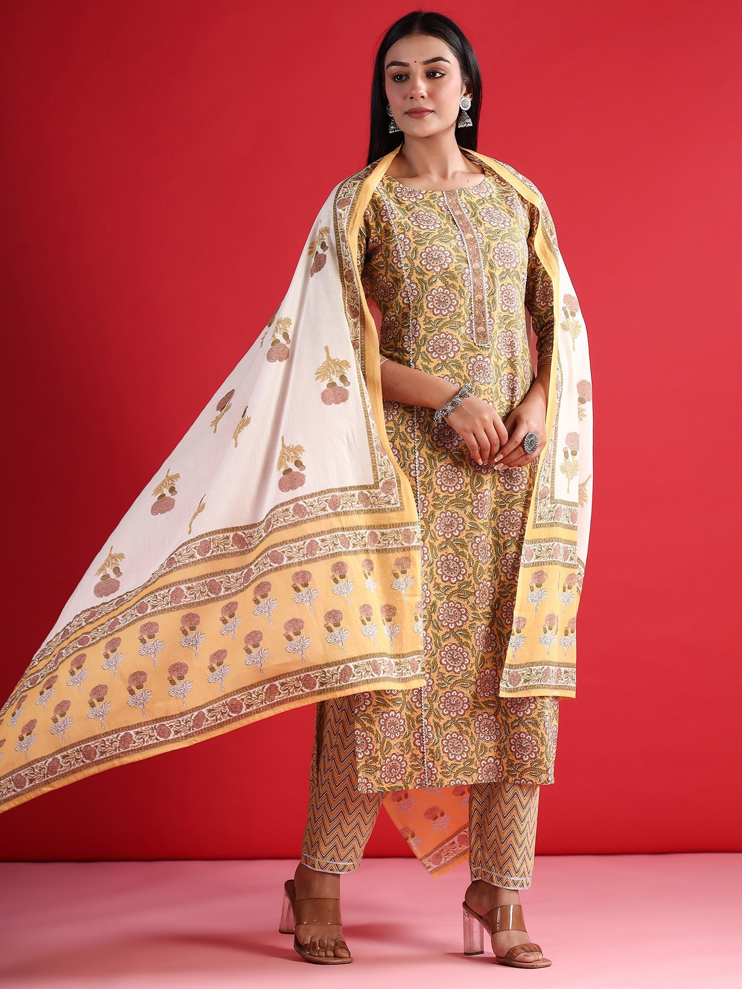 Women Yellow Printed Straight Kurta Trousers With Dupatta Set WomensFashionFun