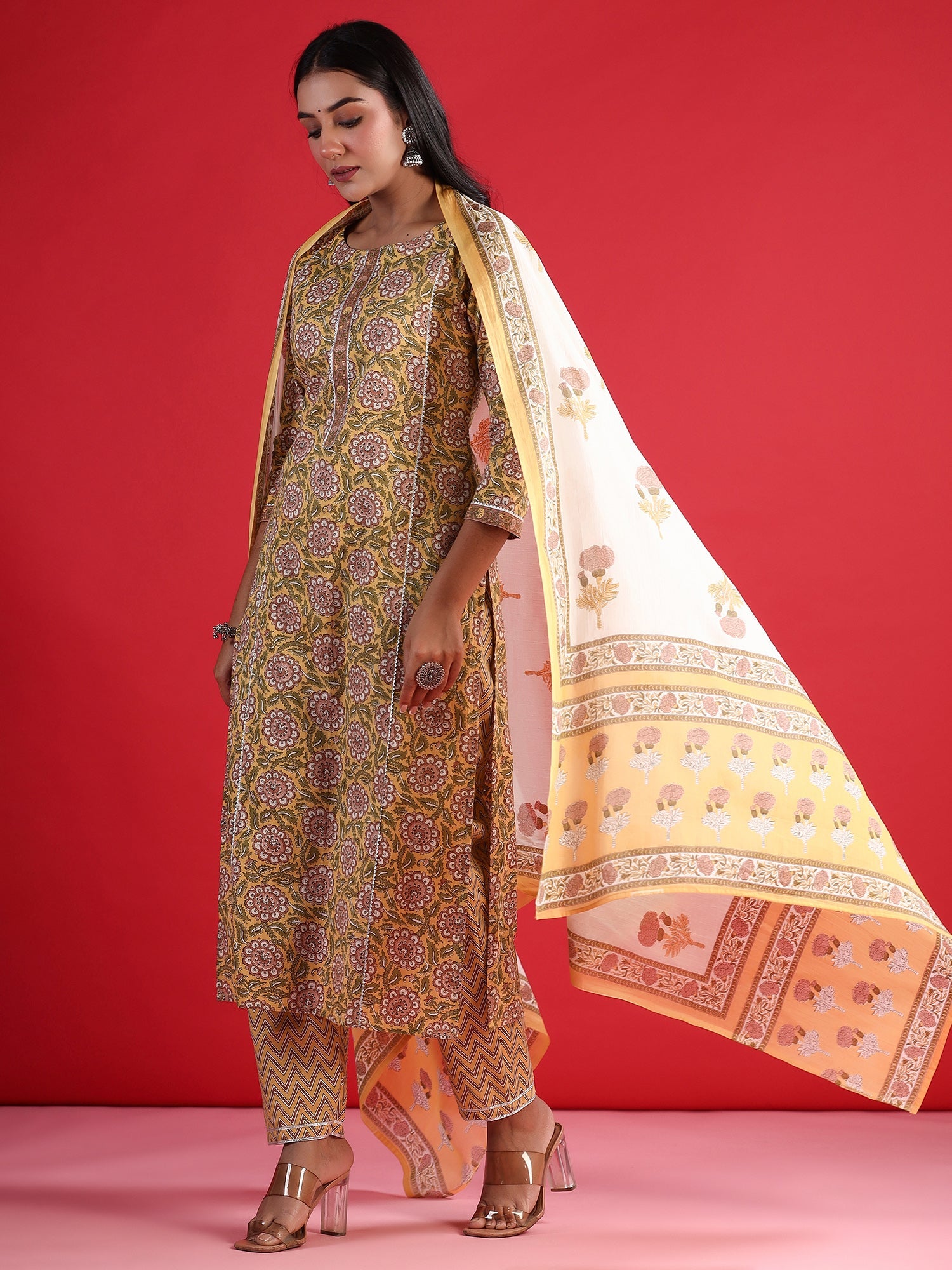 Women Yellow Printed Straight Kurta Trousers With Dupatta Set WomensFashionFun