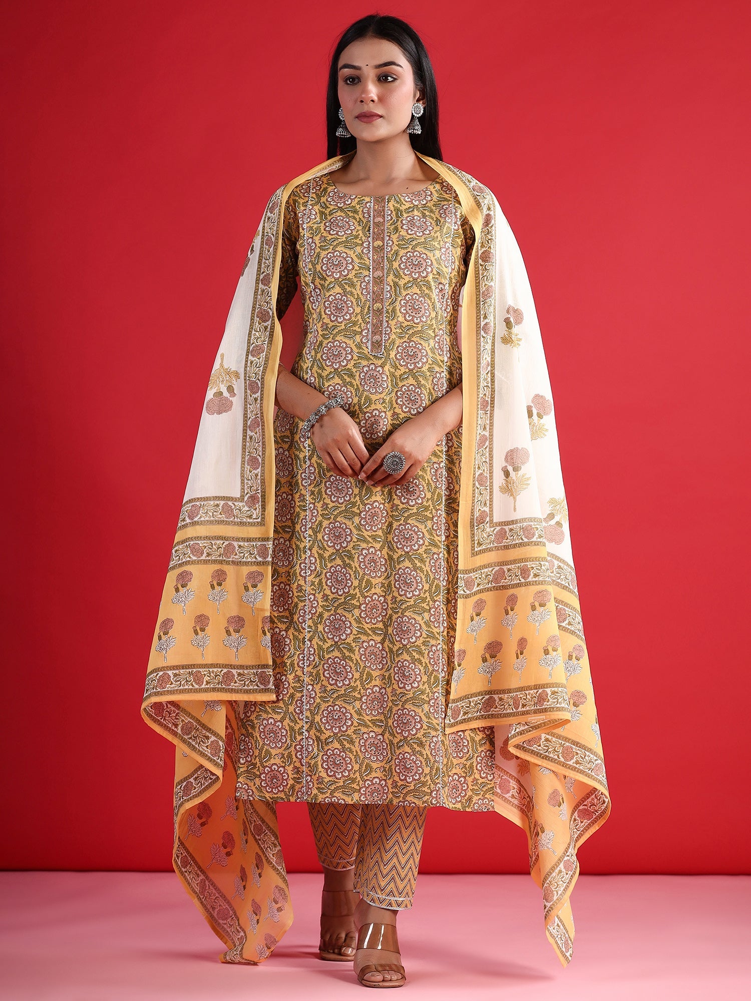 Women Yellow Printed Straight Kurta Trousers With Dupatta Set WomensFashionFun