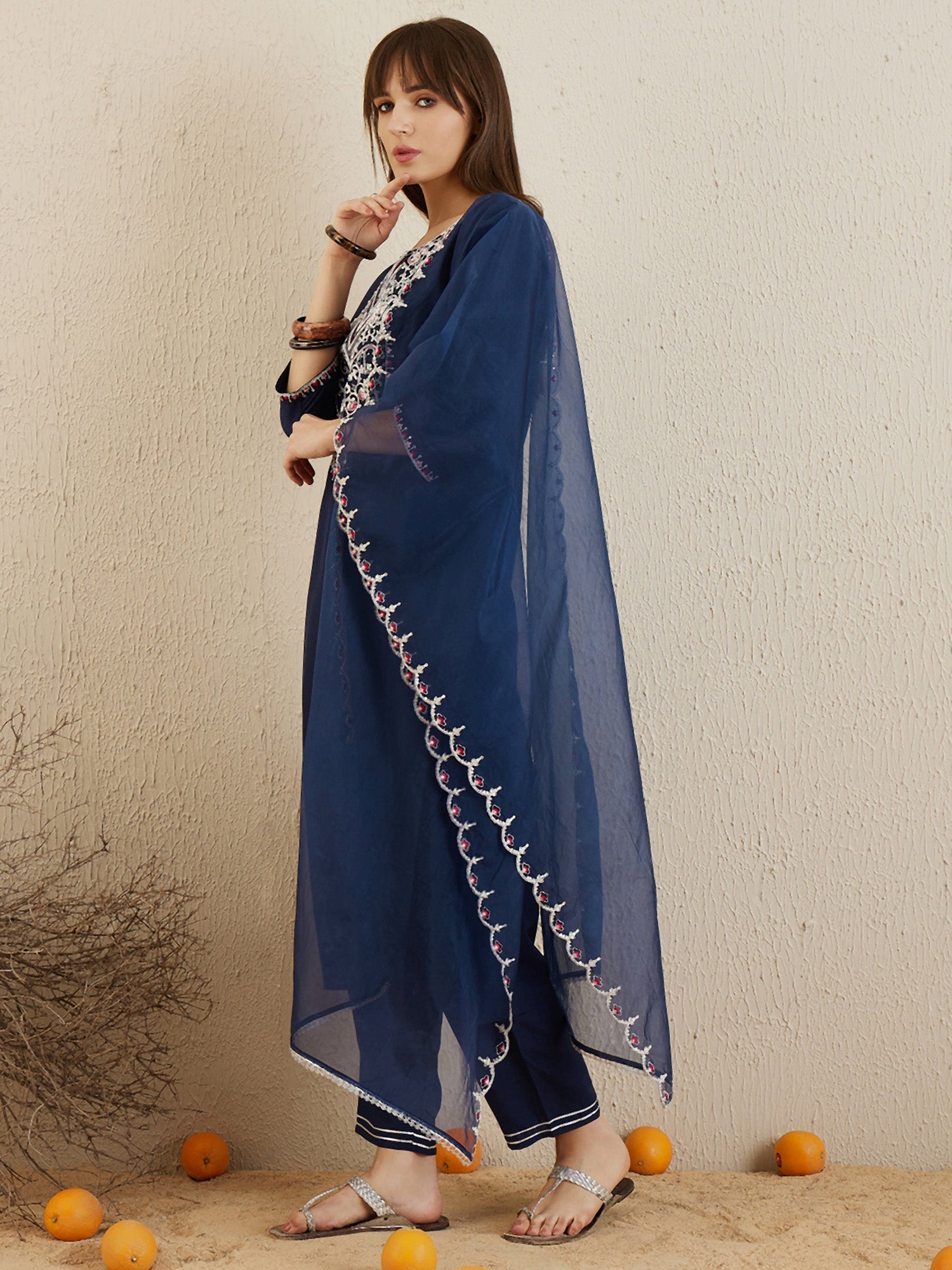 Women Navy Blue Embroidered Straight Kurta Trousers With Dupatta Set WomensFashionFun