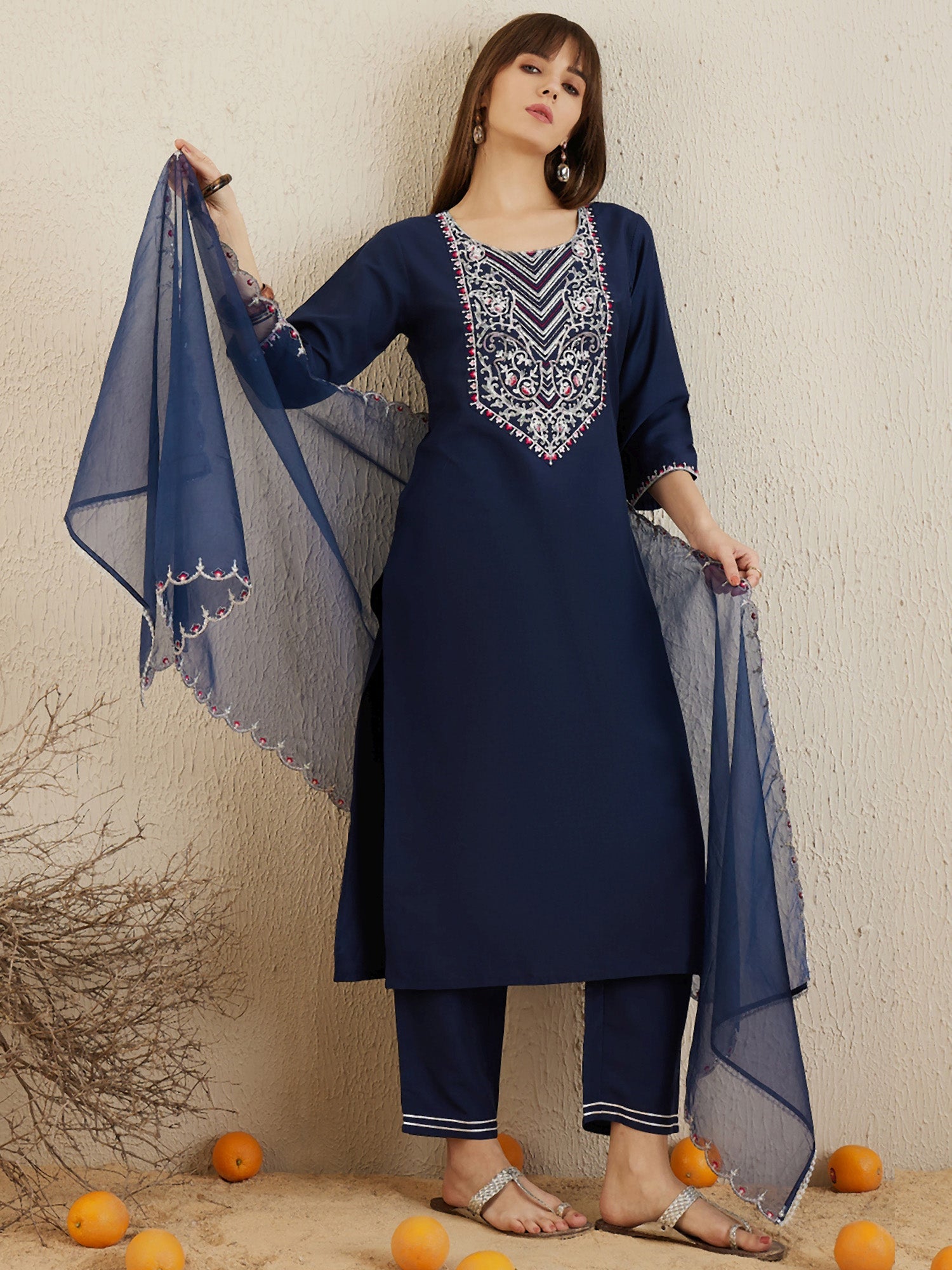 Women Navy Blue Embroidered Straight Kurta Trousers With Dupatta Set WomensFashionFun