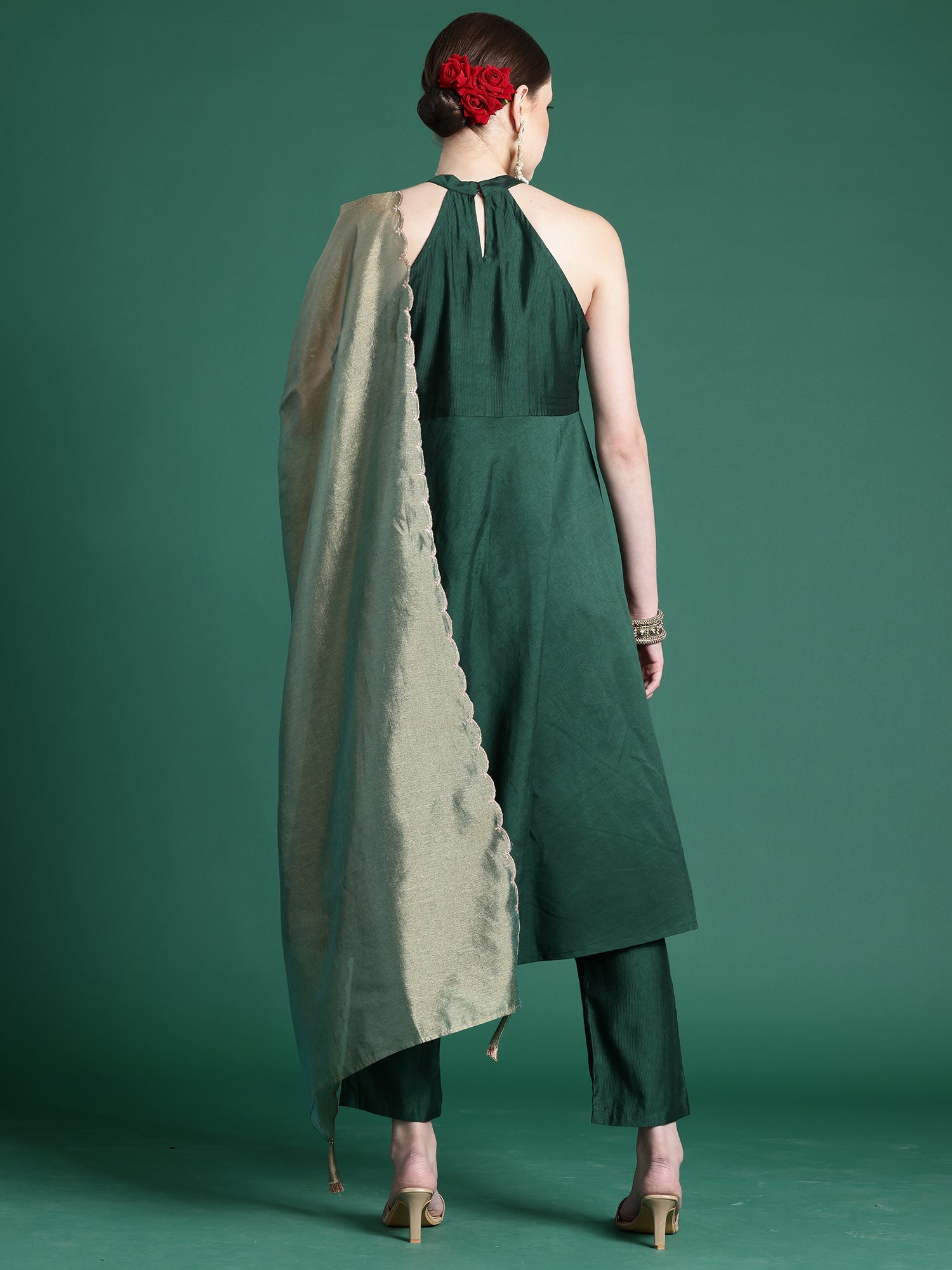 Women Green Solid A-Line Kurta Trousers With Dupatta Set WomensFashionFun