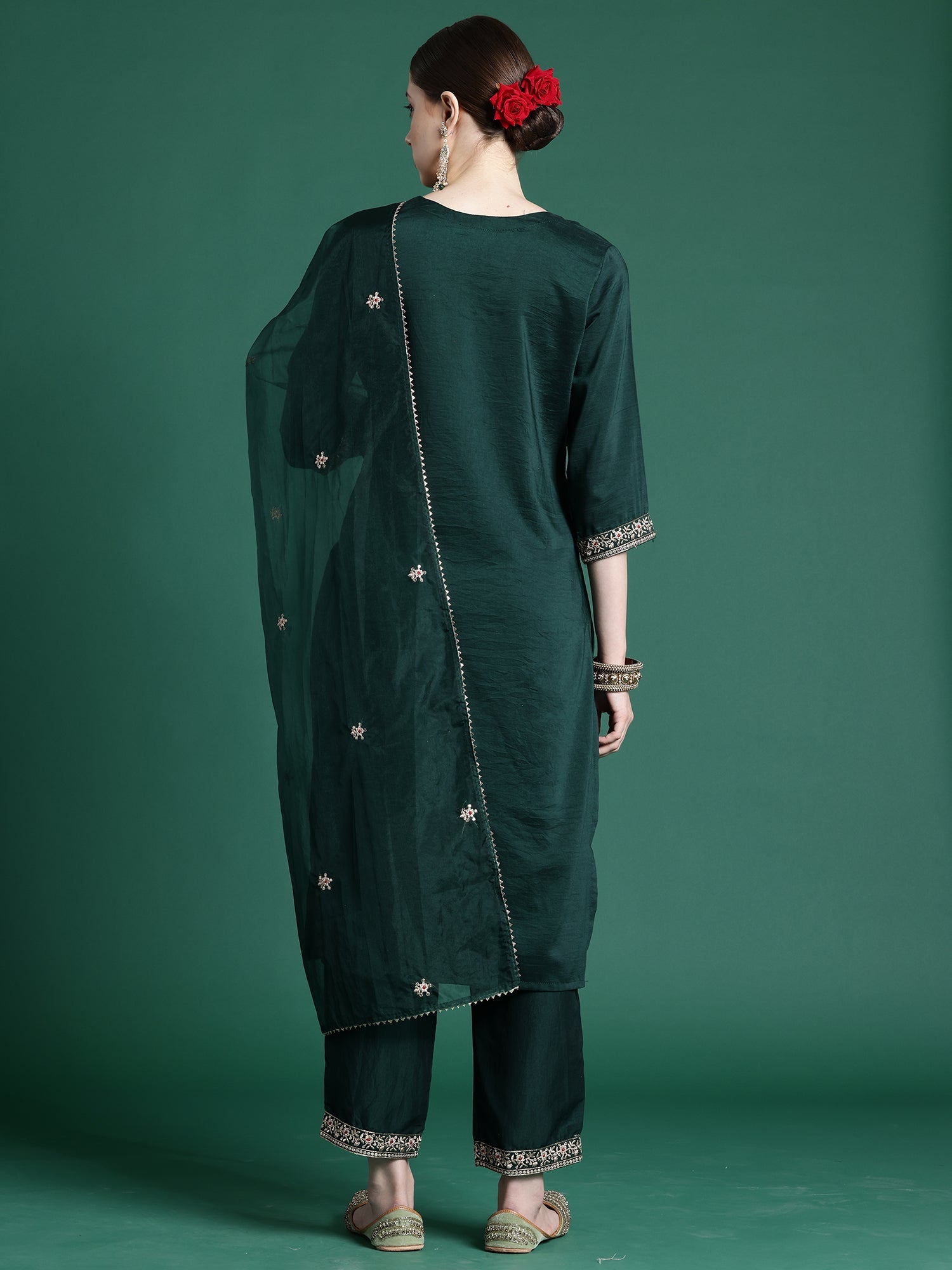 Women Green Embroidered Straight Kurta Trousers With Dupatta Set WomensFashionFun