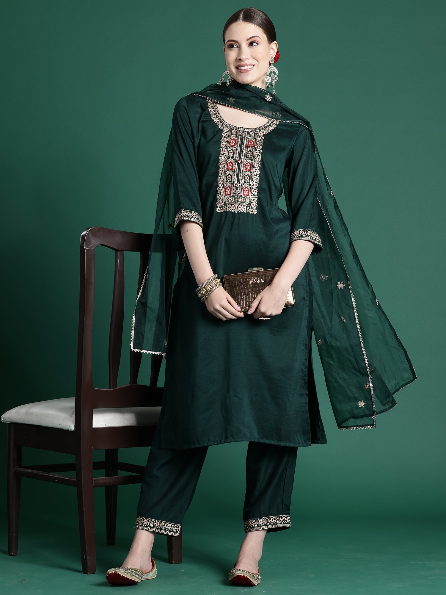 Women Green Embroidered Straight Kurta Trousers With Dupatta Set WomensFashionFun