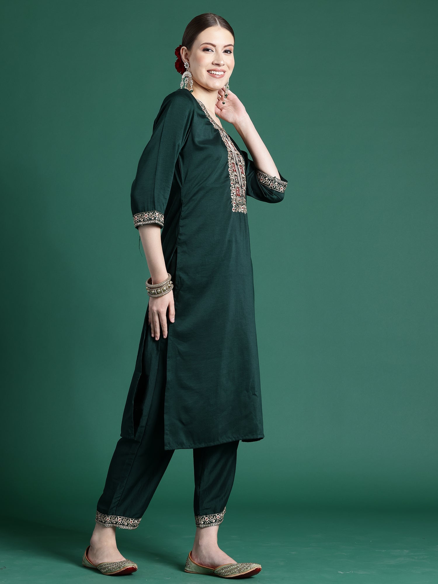 Women Green Embroidered Straight Kurta Trousers With Dupatta Set WomensFashionFun