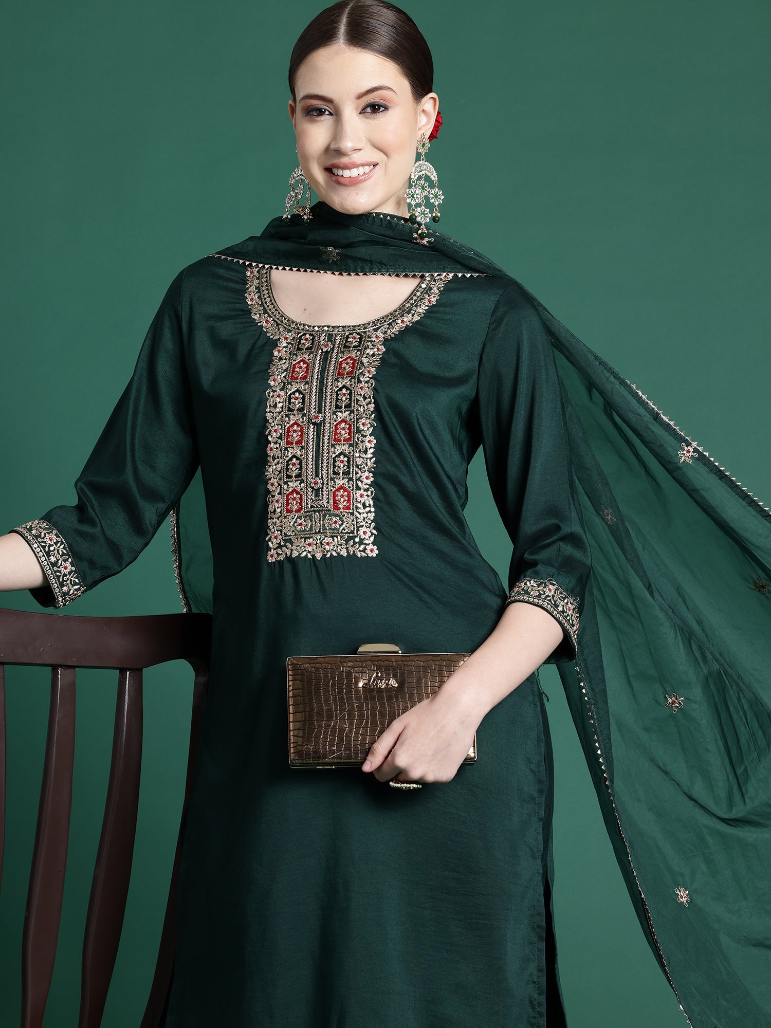 Women Green Embroidered Straight Kurta Trousers With Dupatta Set WomensFashionFun