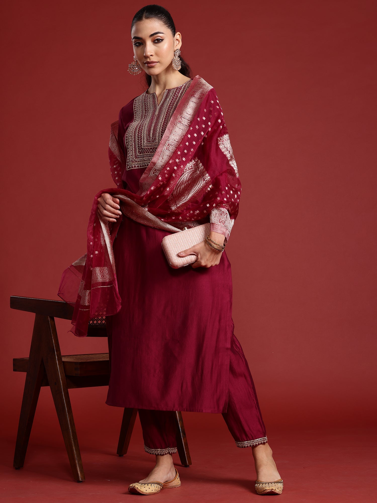 Women Burgundy Embroidered Straight Kurta Trousers With Dupatta Set WomensFashionFun