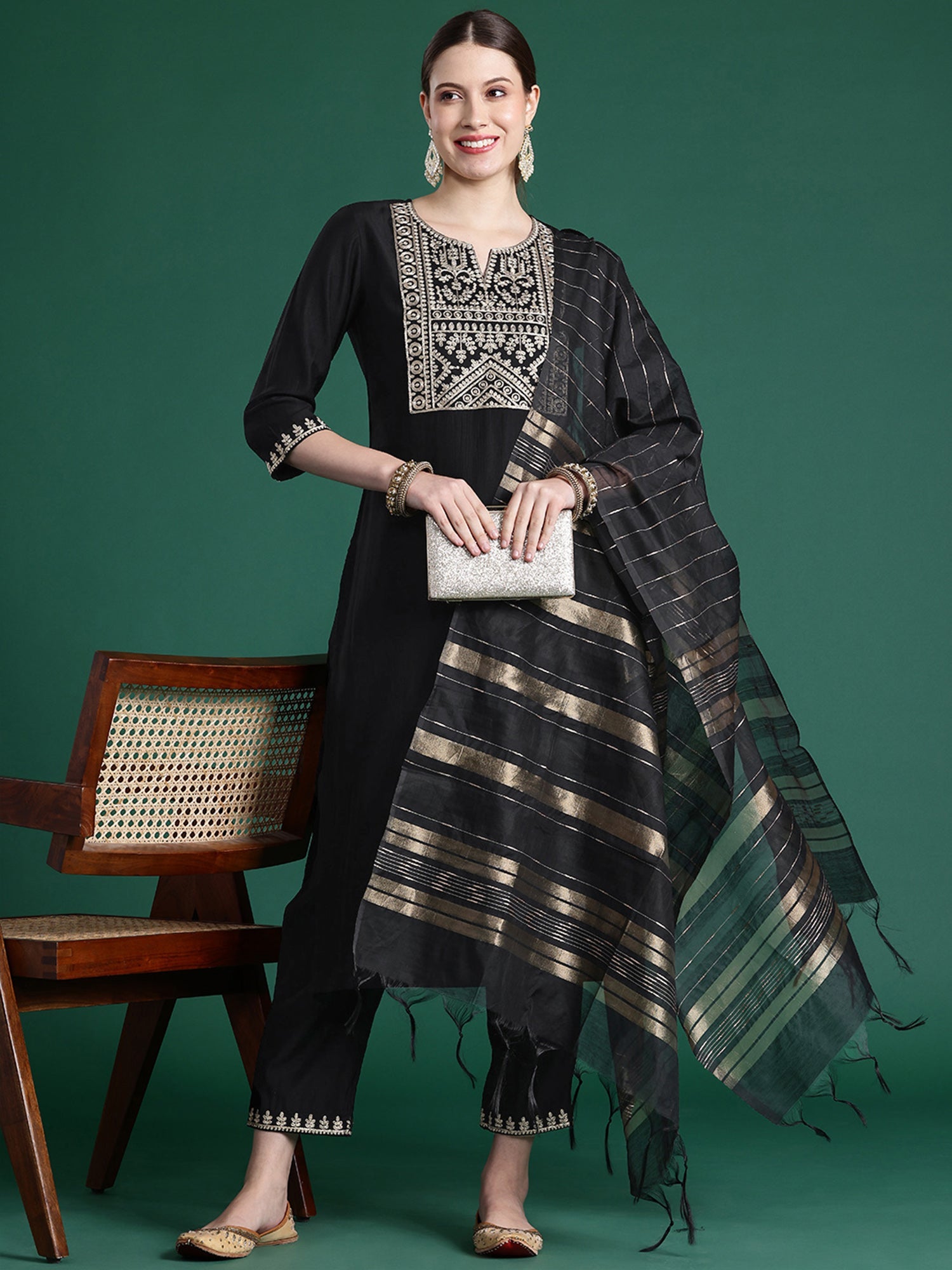 Women Black Embroidered Straight Kurta Trousers With Dupatta Set WomensFashionFun