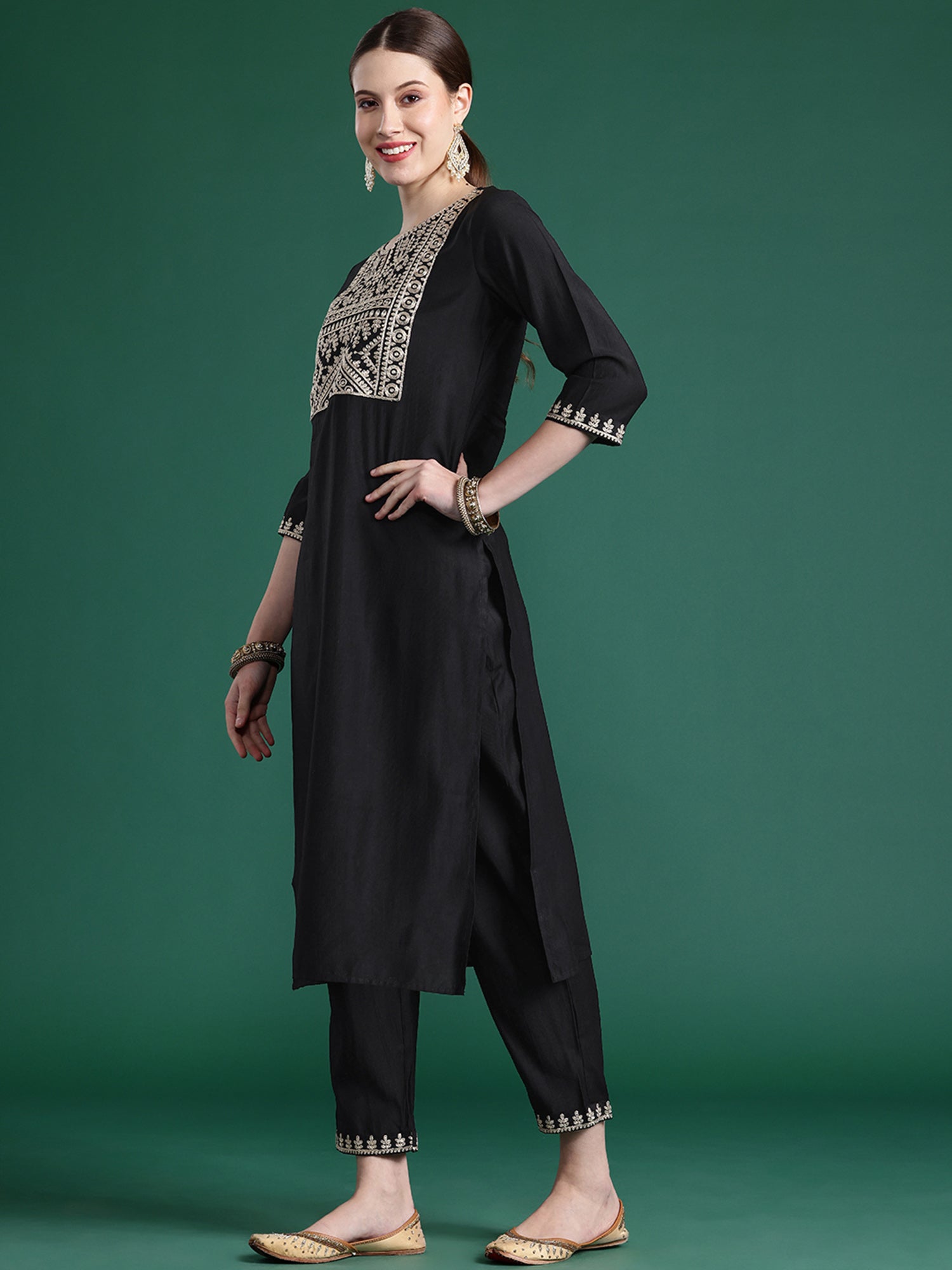 Women Black Embroidered Straight Kurta Trousers With Dupatta Set WomensFashionFun