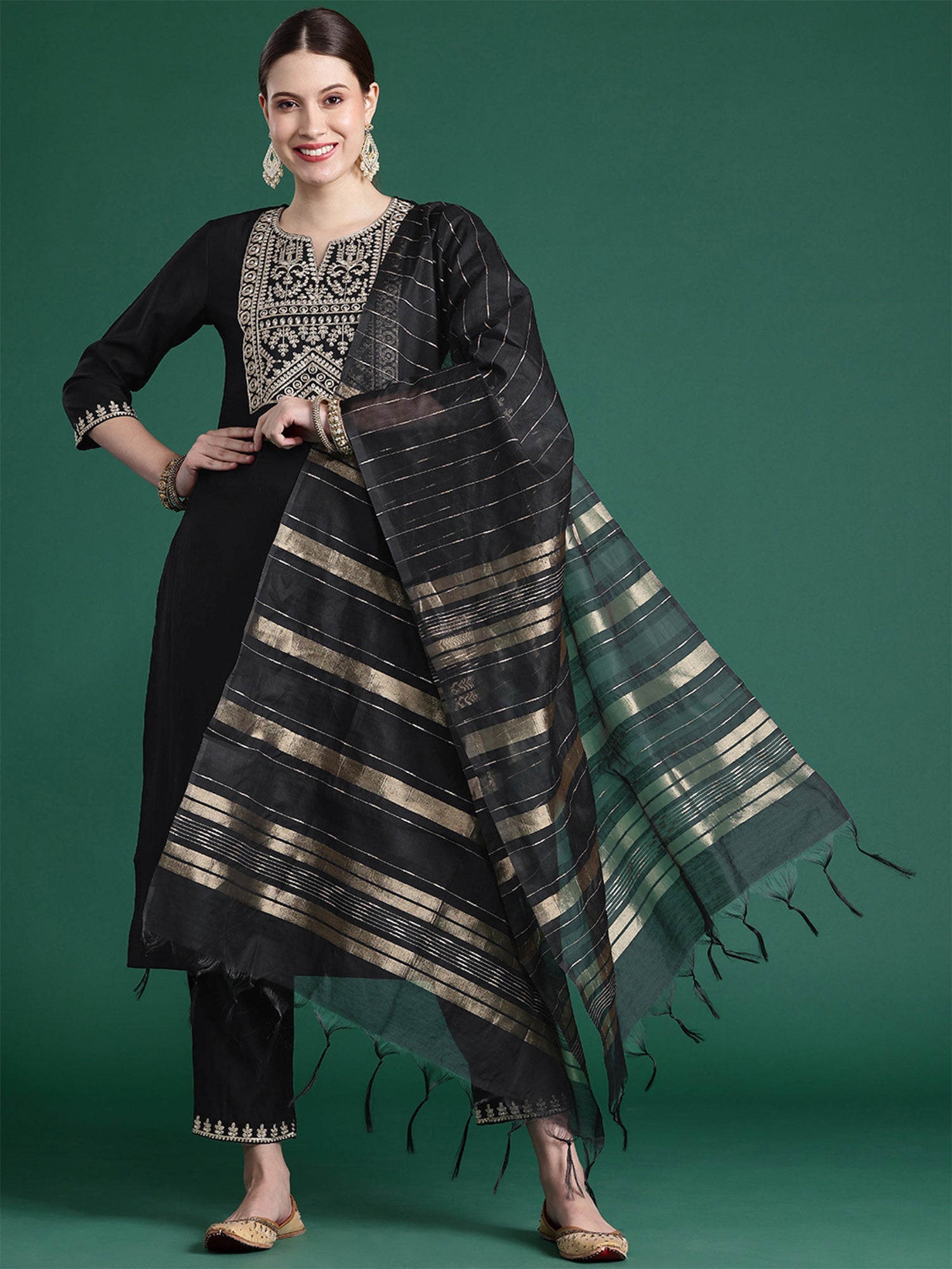 Women Black Embroidered Straight Kurta Trousers With Dupatta Set WomensFashionFun