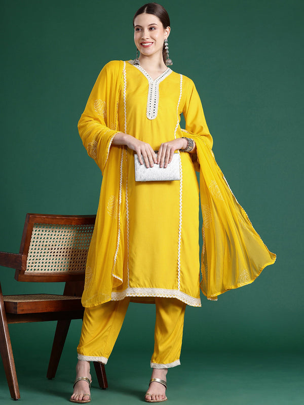 Women Yellow Embroidered Straight Kurta Trousers With Dupatta Set WomensFashionFun