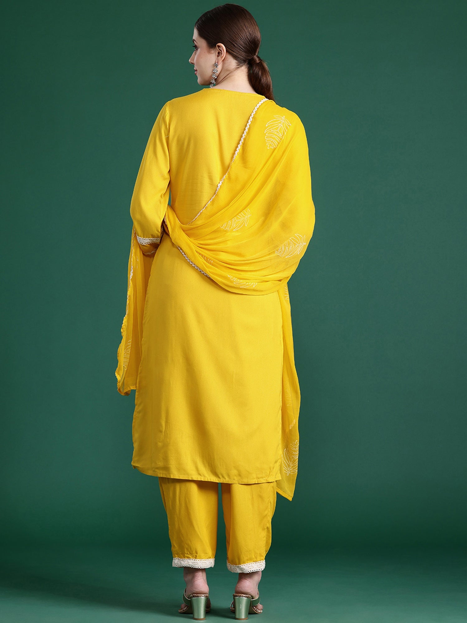 Women Yellow Embroidered Straight Kurta Trousers With Dupatta Set WomensFashionFun