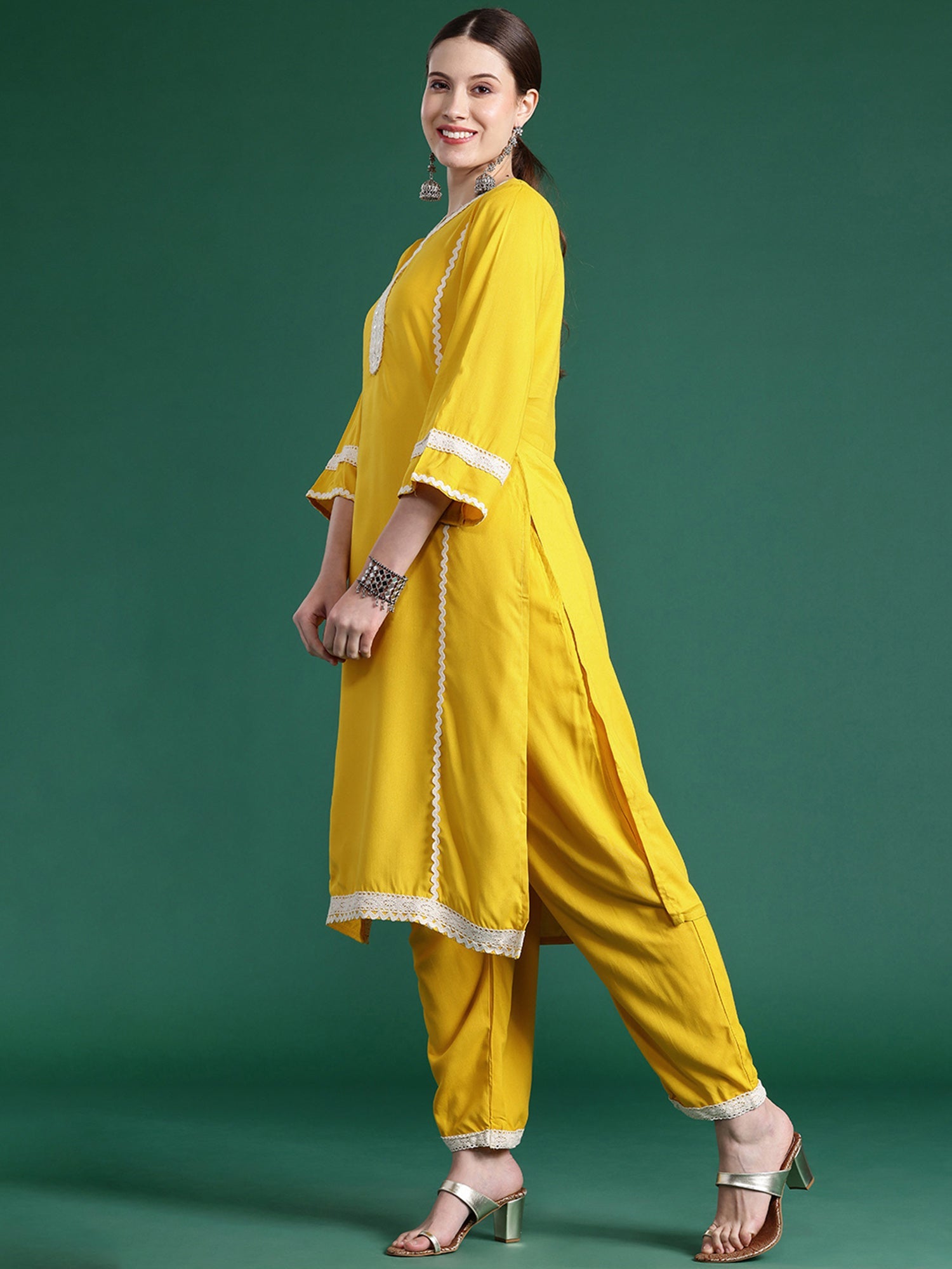 Women Yellow Embroidered Straight Kurta Trousers With Dupatta Set WomensFashionFun