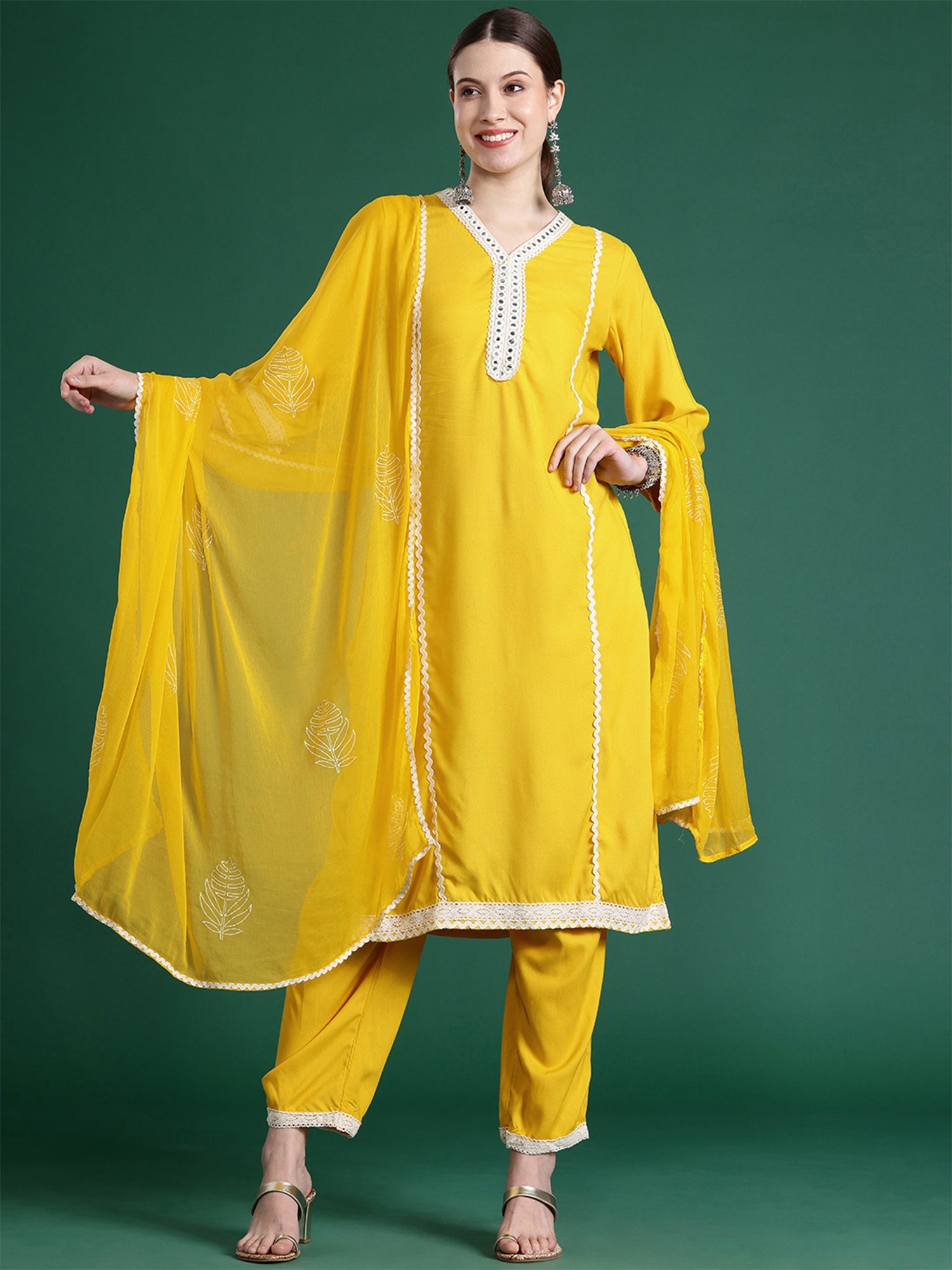 Women Yellow Embroidered Straight Kurta Trousers With Dupatta Set WomensFashionFun