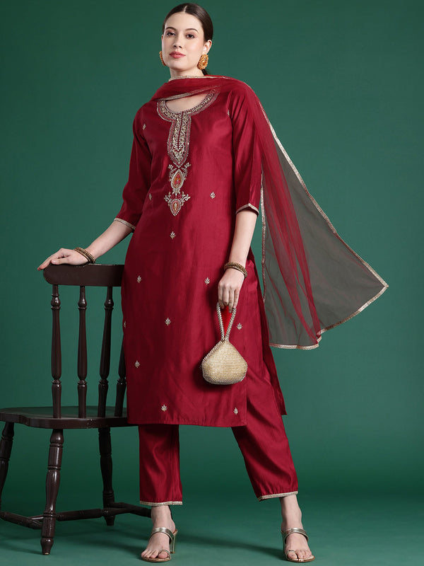 Women Red Embroidered Straight Kurta Trousers With Dupatta  Set WomensFashionFun