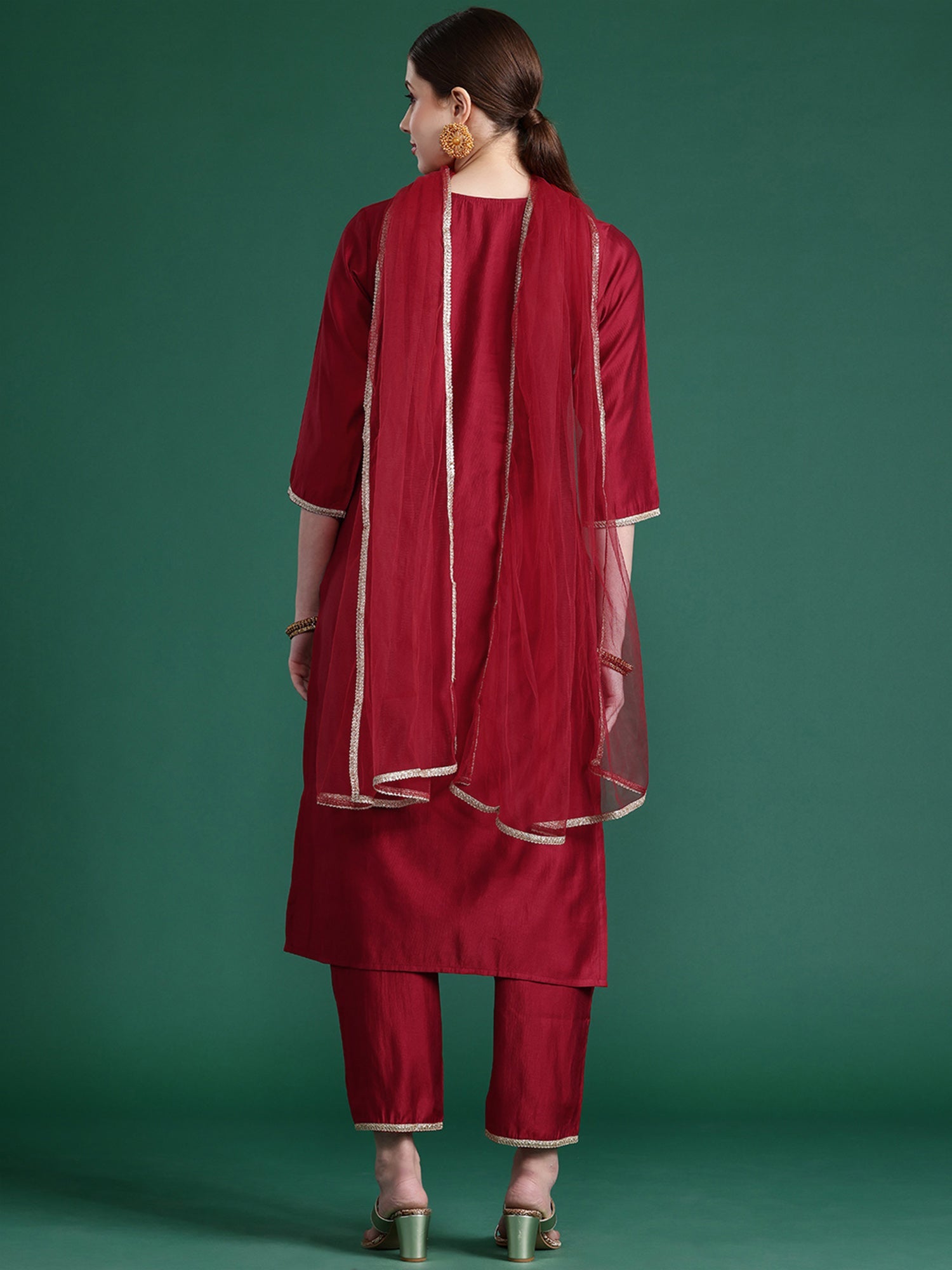 Women Red Embroidered Straight Kurta Trousers With Dupatta  Set WomensFashionFun