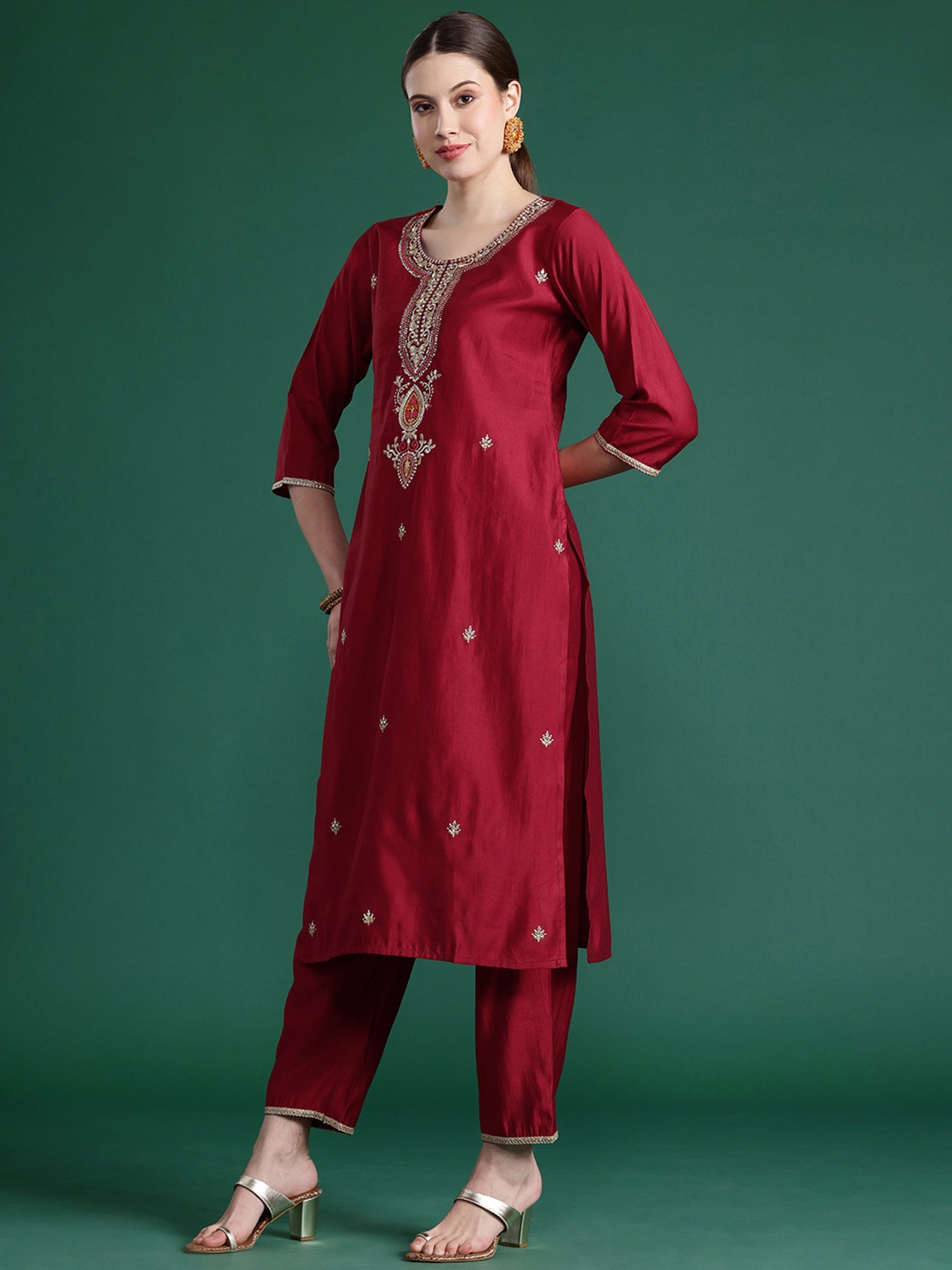 Women Red Embroidered Straight Kurta Trousers With Dupatta  Set WomensFashionFun