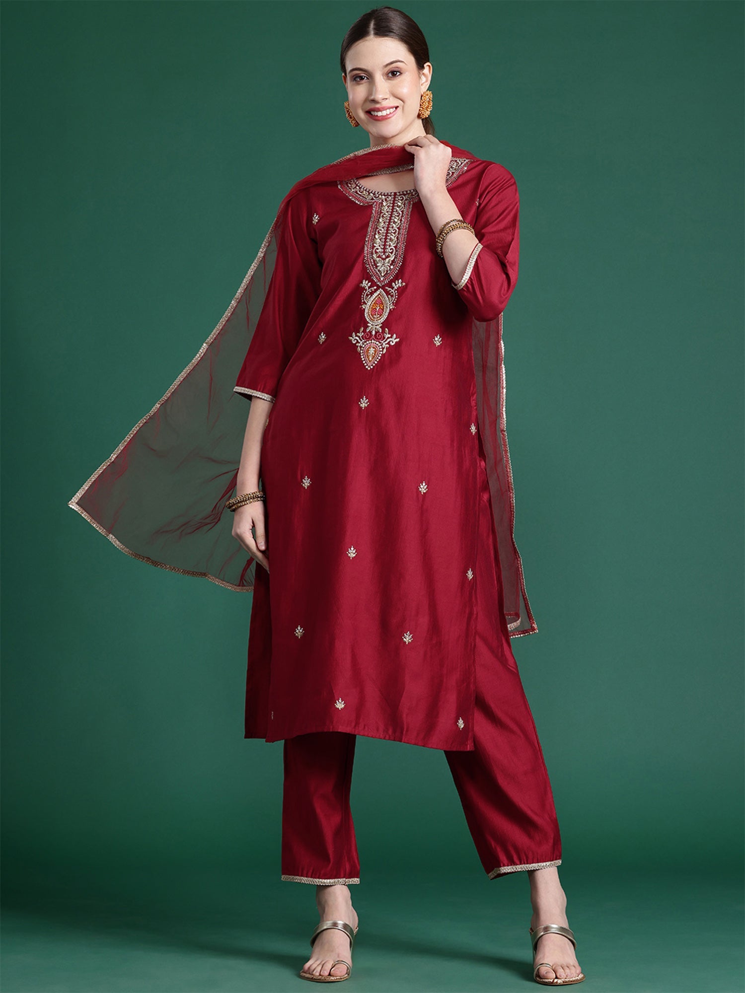 Women Red Embroidered Straight Kurta Trousers With Dupatta  Set WomensFashionFun