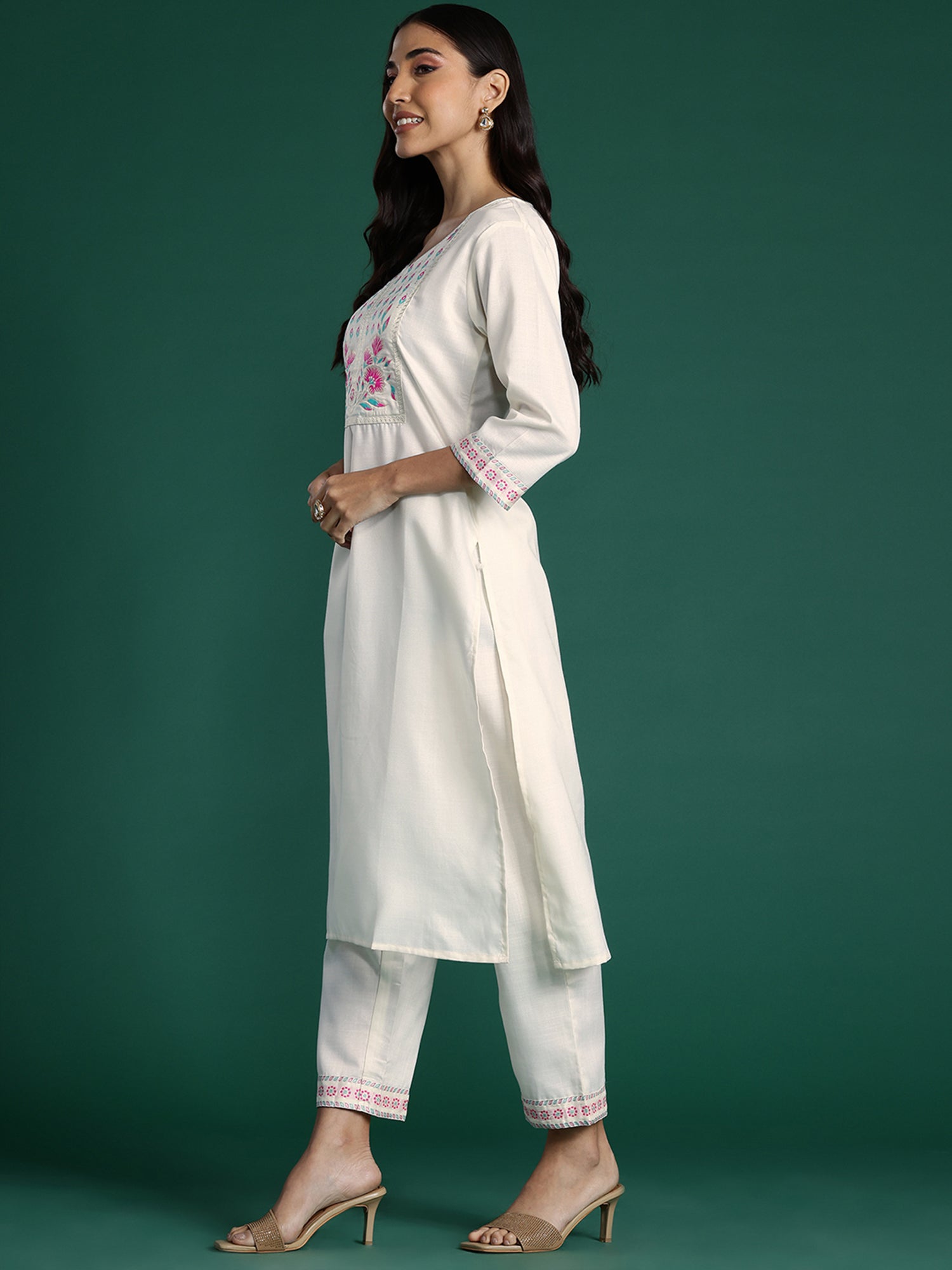 Women White Yoke Design Straight Kurta Trousers With Dupatta Set WomensFashionFun