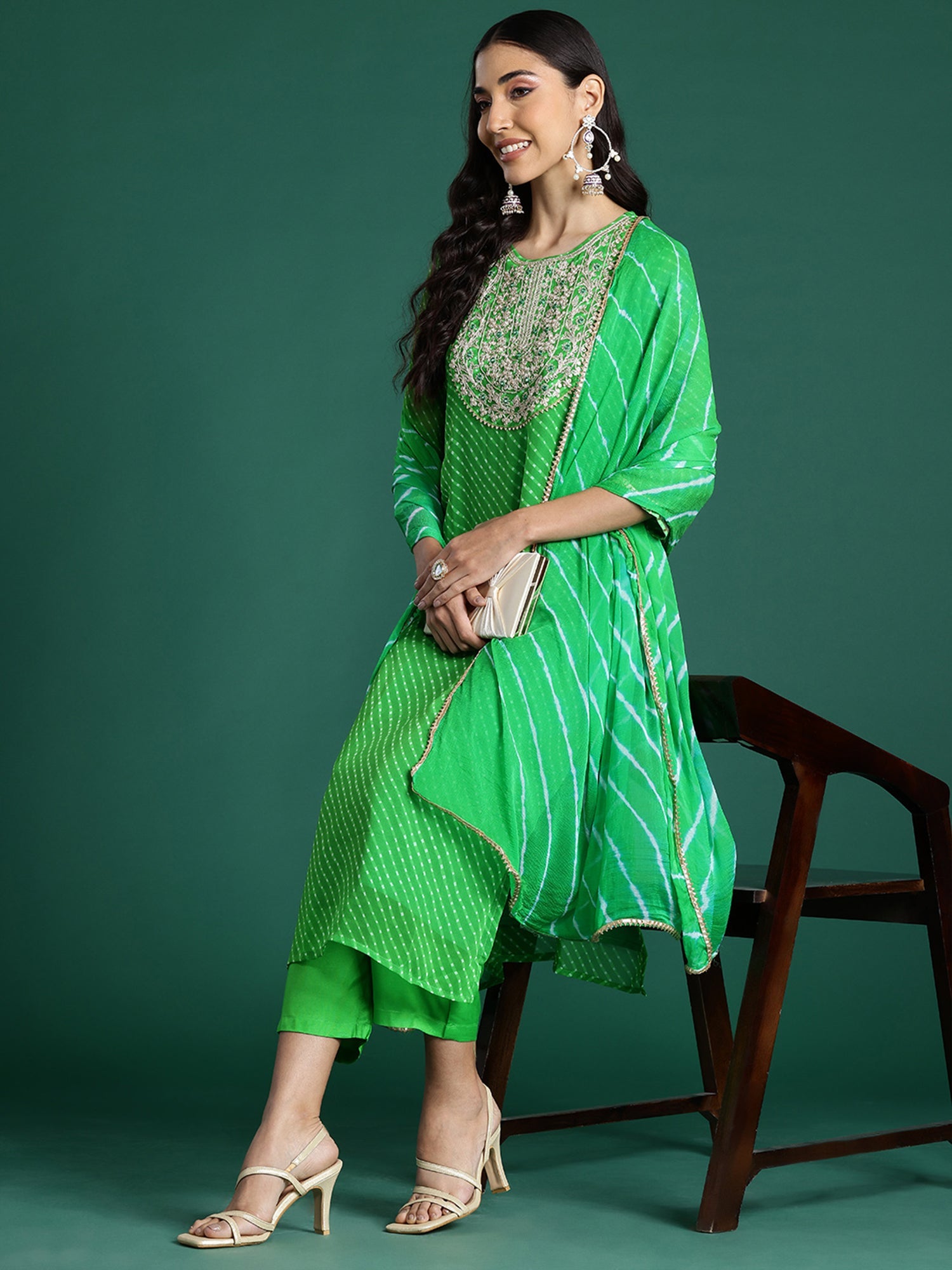 Women Green Printed Straight Kurta Trousers With Dupatta Set WomensFashionFun