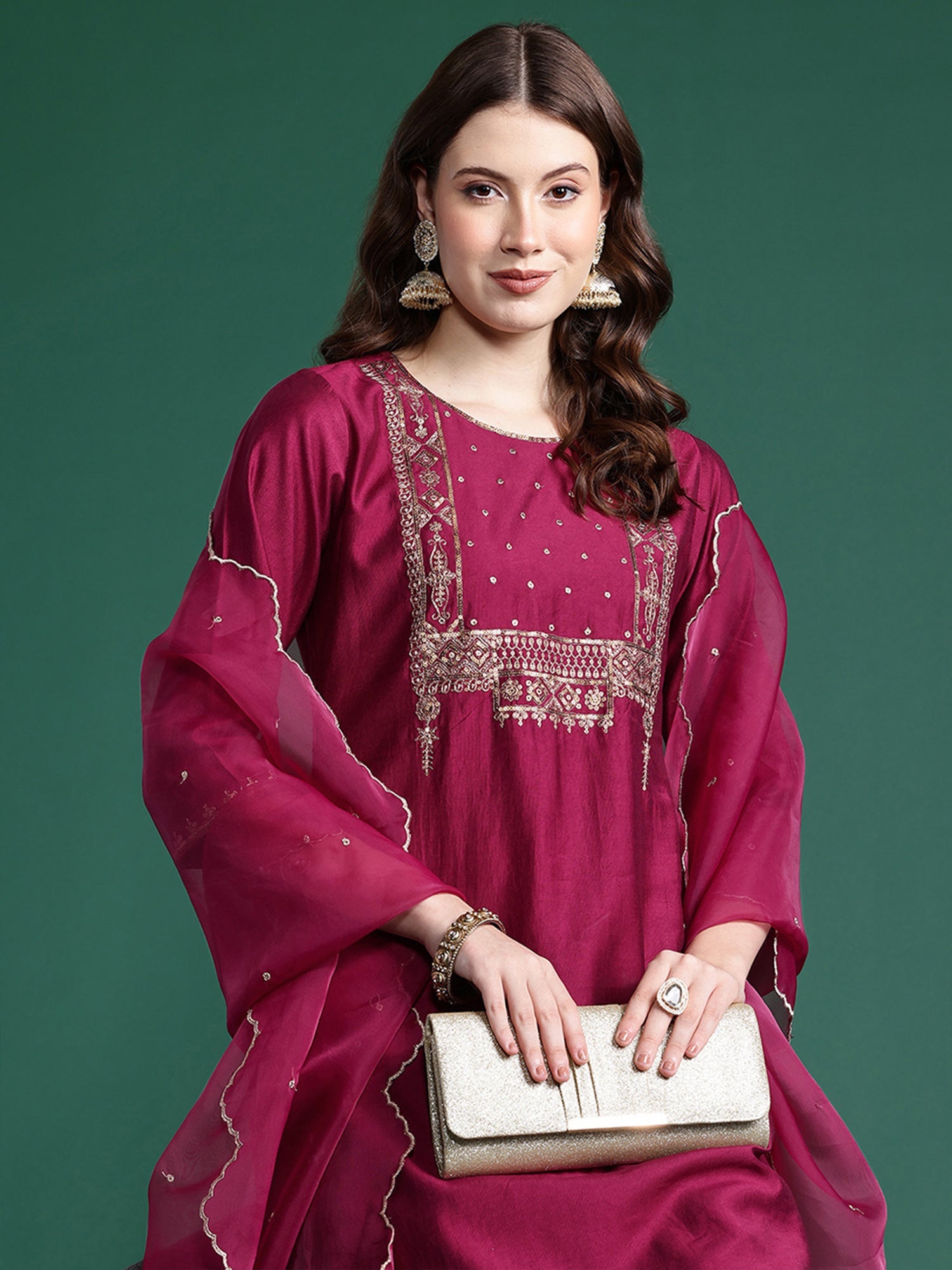 Women Burgundy Embroidered Straight Kurta Trousers With Dupatta  Set WomensFashionFun