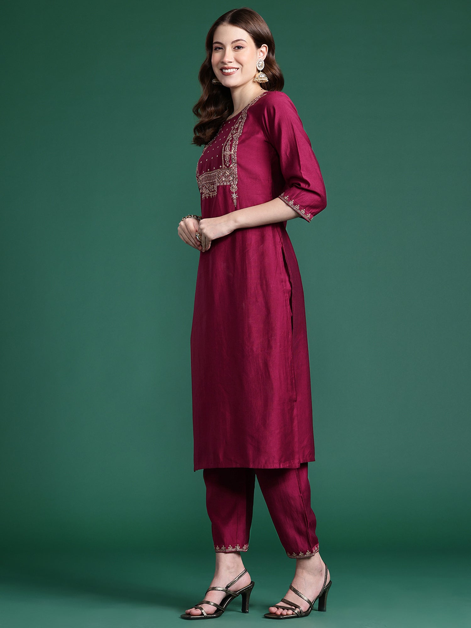 Women Burgundy Embroidered Straight Kurta Trousers With Dupatta  Set WomensFashionFun