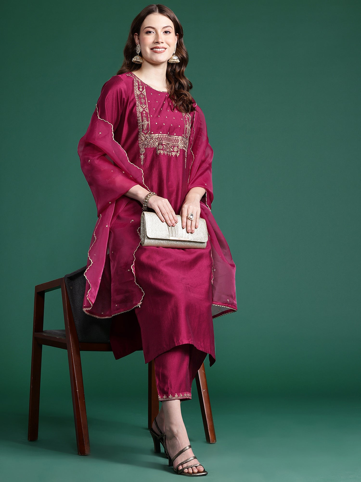 Women Burgundy Embroidered Straight Kurta Trousers With Dupatta  Set WomensFashionFun