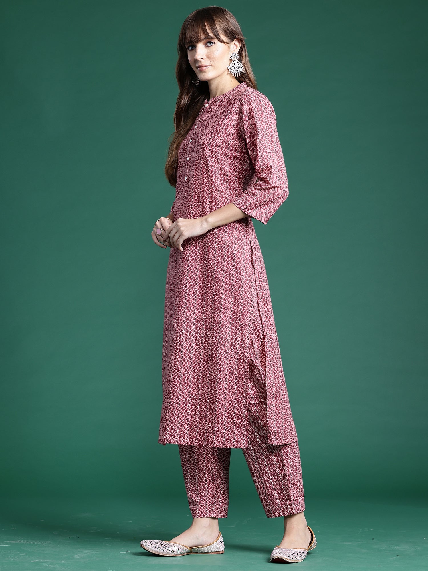 Women Pink Printed Straight Kurta Trousers With Dupatta Set WomensFashionFun