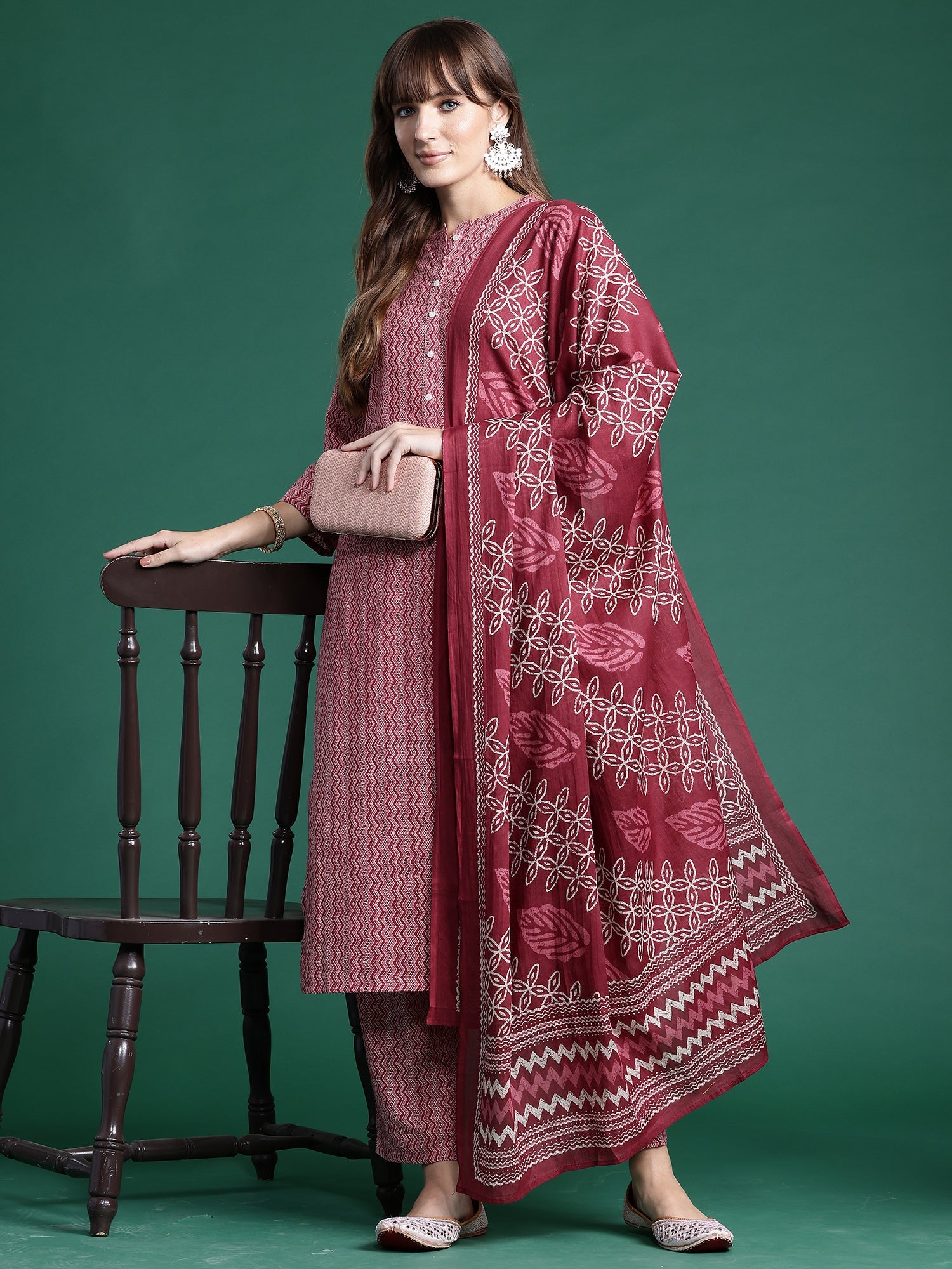 Women Pink Printed Straight Kurta Trousers With Dupatta Set WomensFashionFun