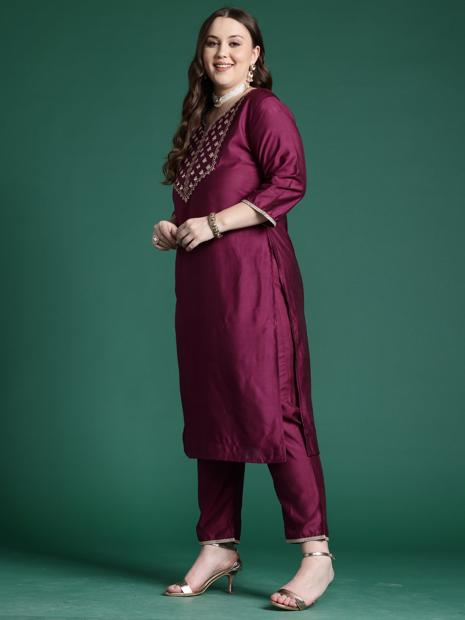 Women Purple Embroidered Straight Kurta Trousers With Dupatta Set WomensFashionFun