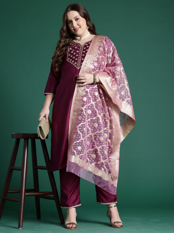 Women Purple Embroidered Straight Kurta Trousers With Dupatta Set WomensFashionFun