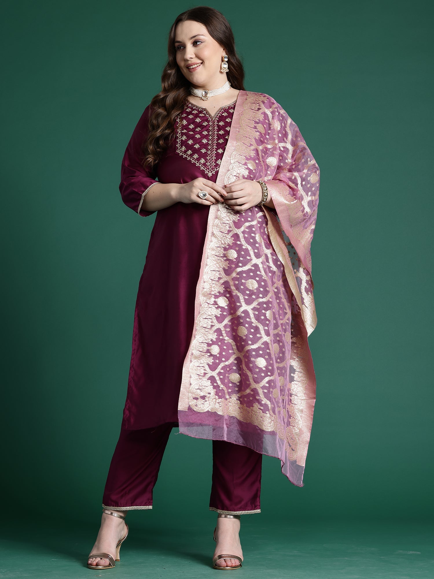 Women Purple Embroidered Straight Kurta Trousers With Dupatta Set WomensFashionFun