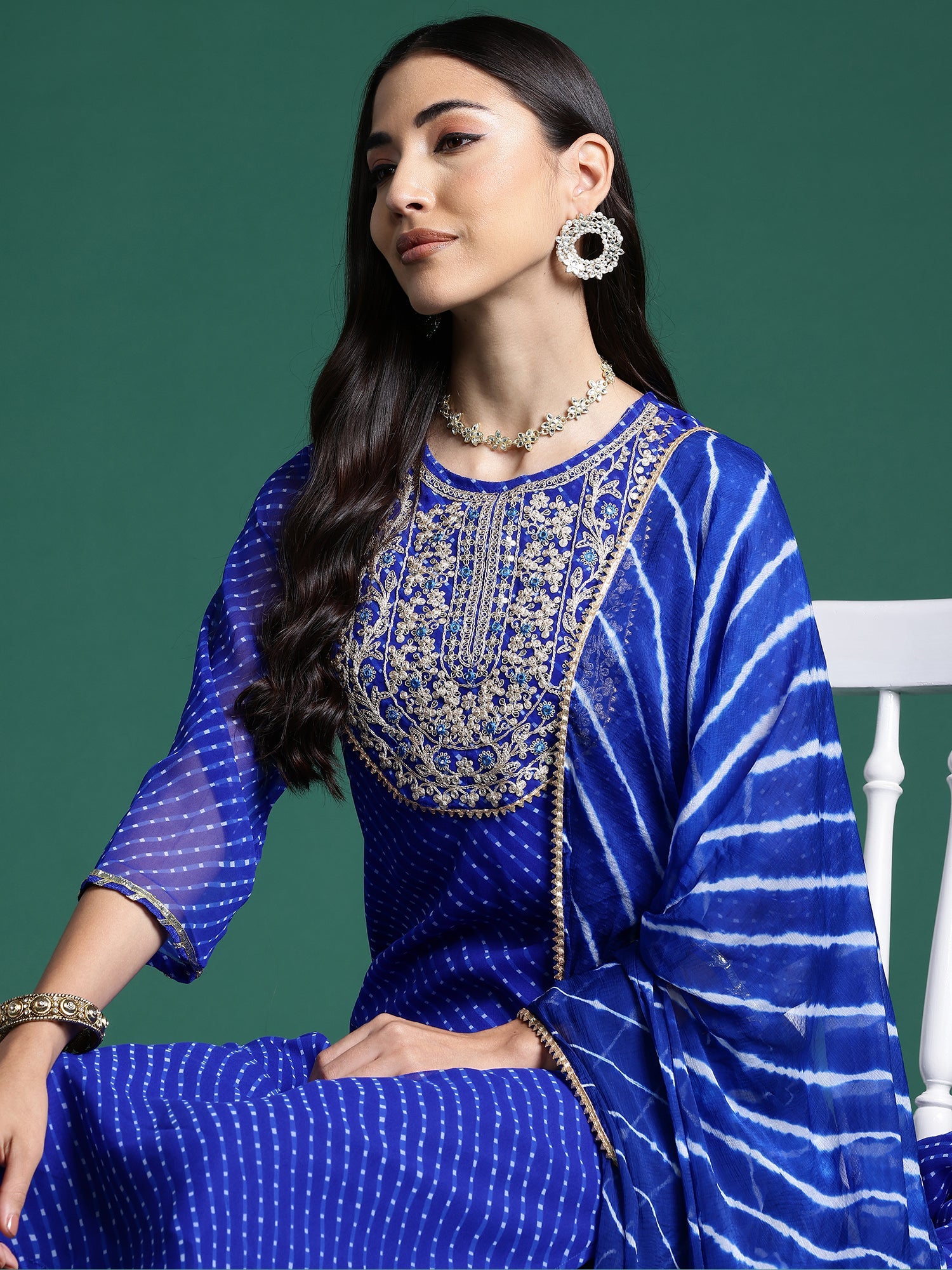 Women Blue Printed Straight Kurta Trousers With Dupatta Set WomensFashionFun