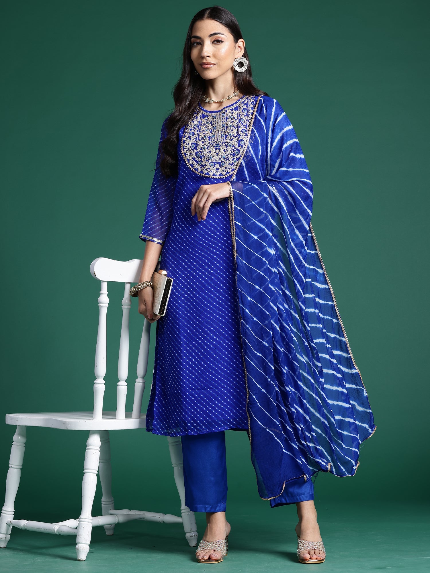 Women Blue Printed Straight Kurta Trousers With Dupatta Set WomensFashionFun