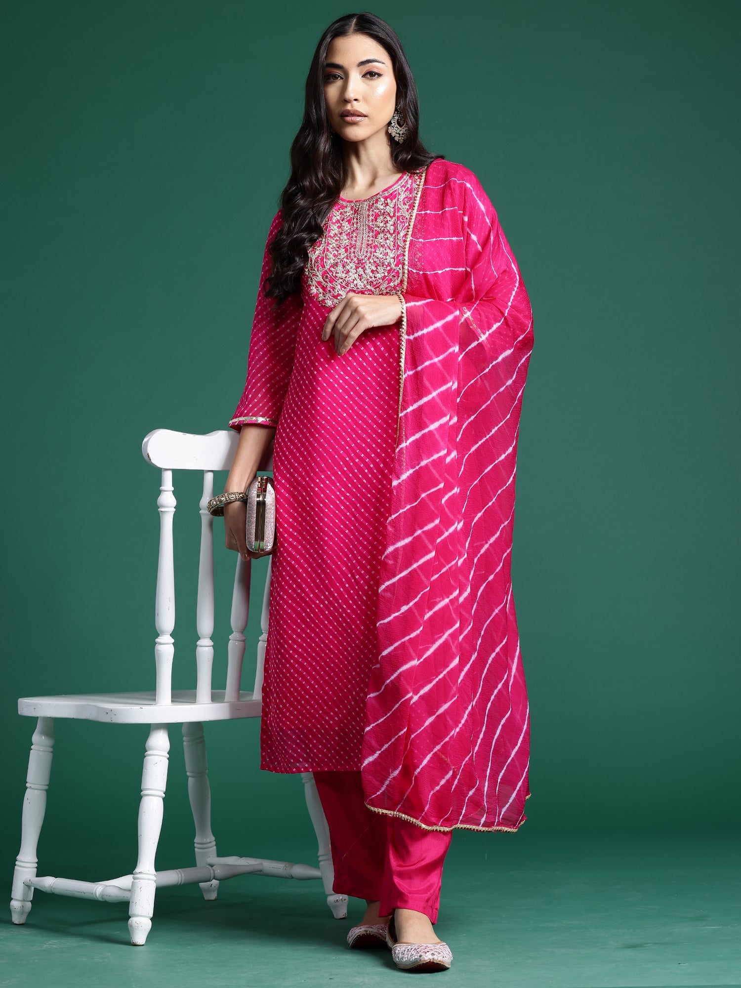 Women Pink Printed Straight Kurta Trousers With Dupatta Set WomensFashionFun