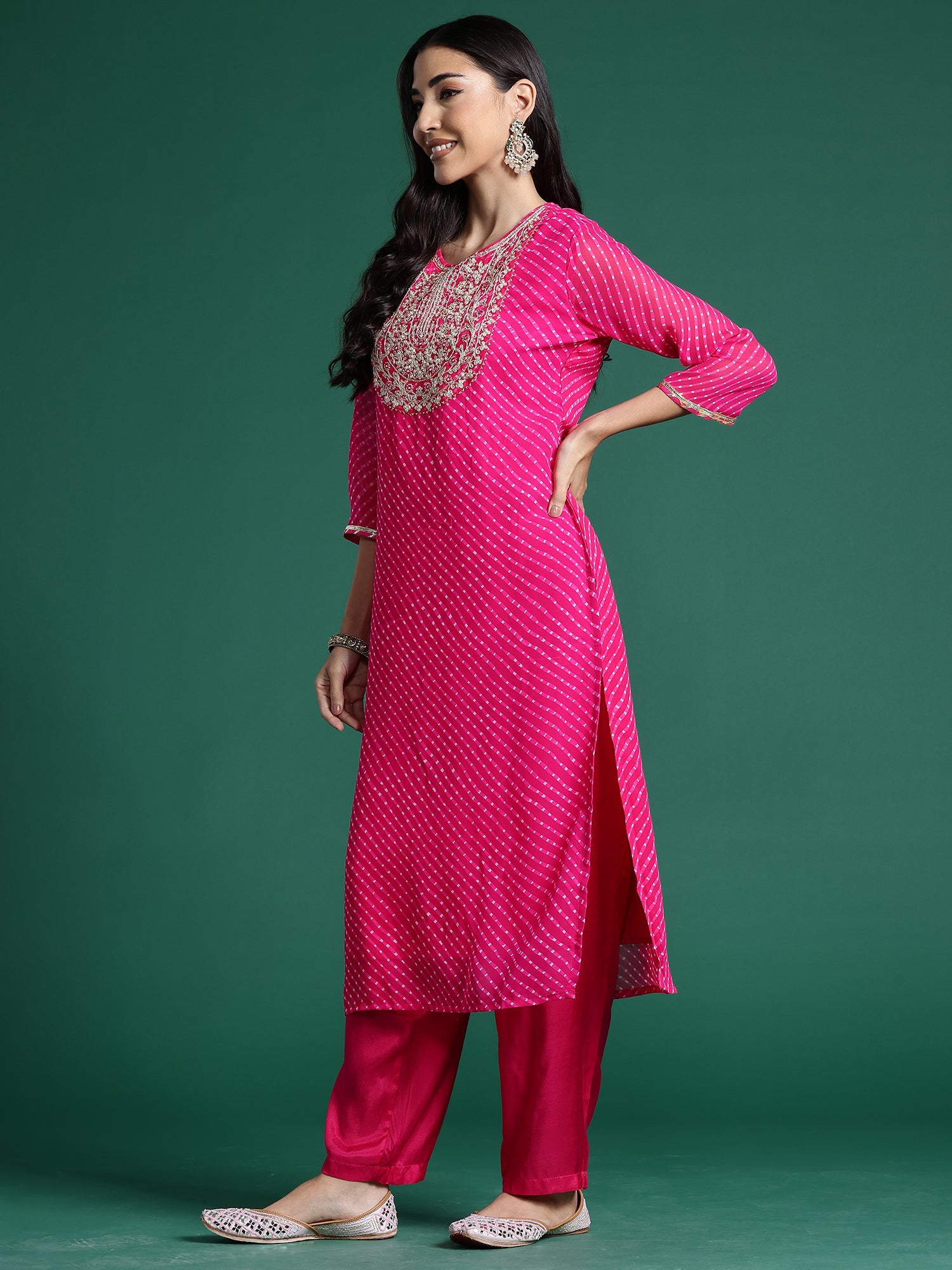 Women Pink Printed Straight Kurta Trousers With Dupatta Set WomensFashionFun