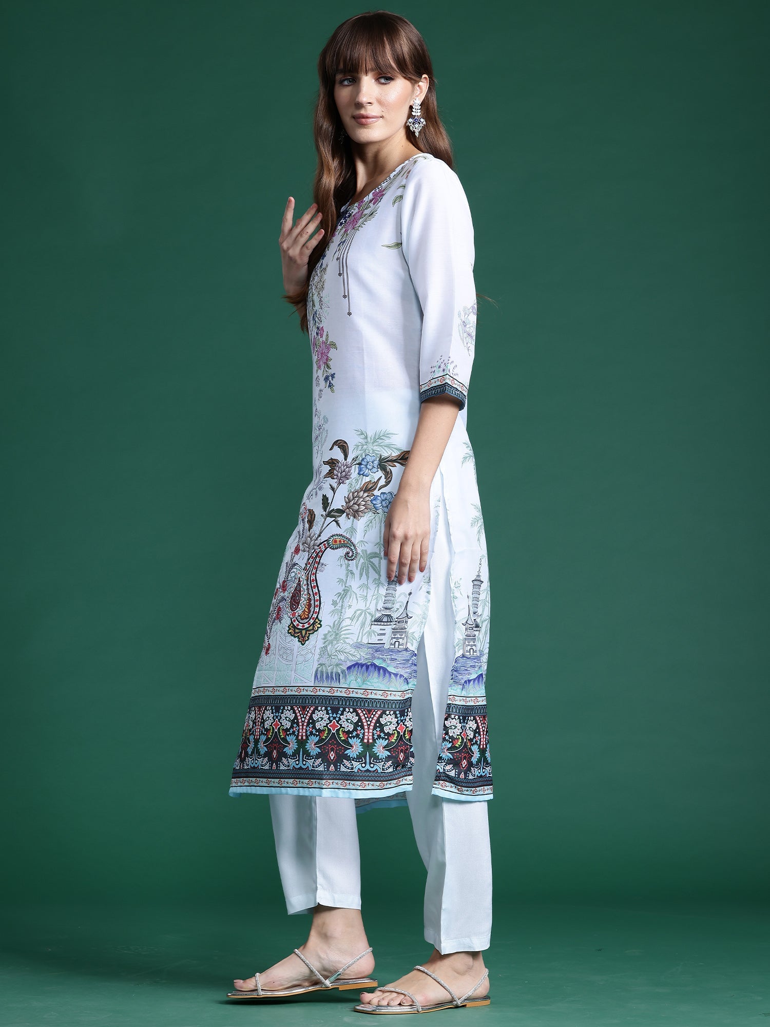 Women Blue Printed Straight Kurta Trousers With Dupatta Set WomensFashionFun