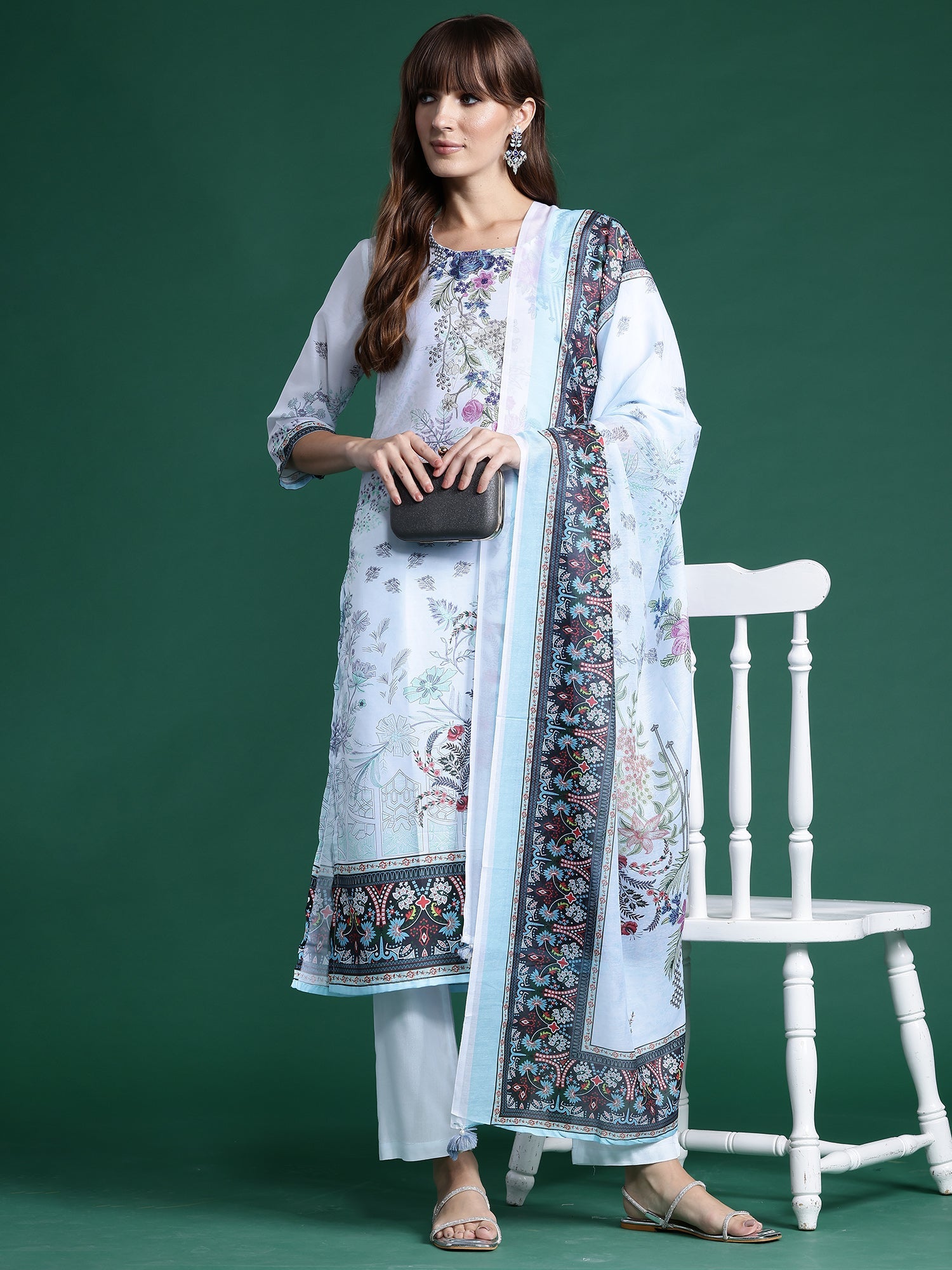 Women Blue Printed Straight Kurta Trousers With Dupatta Set WomensFashionFun