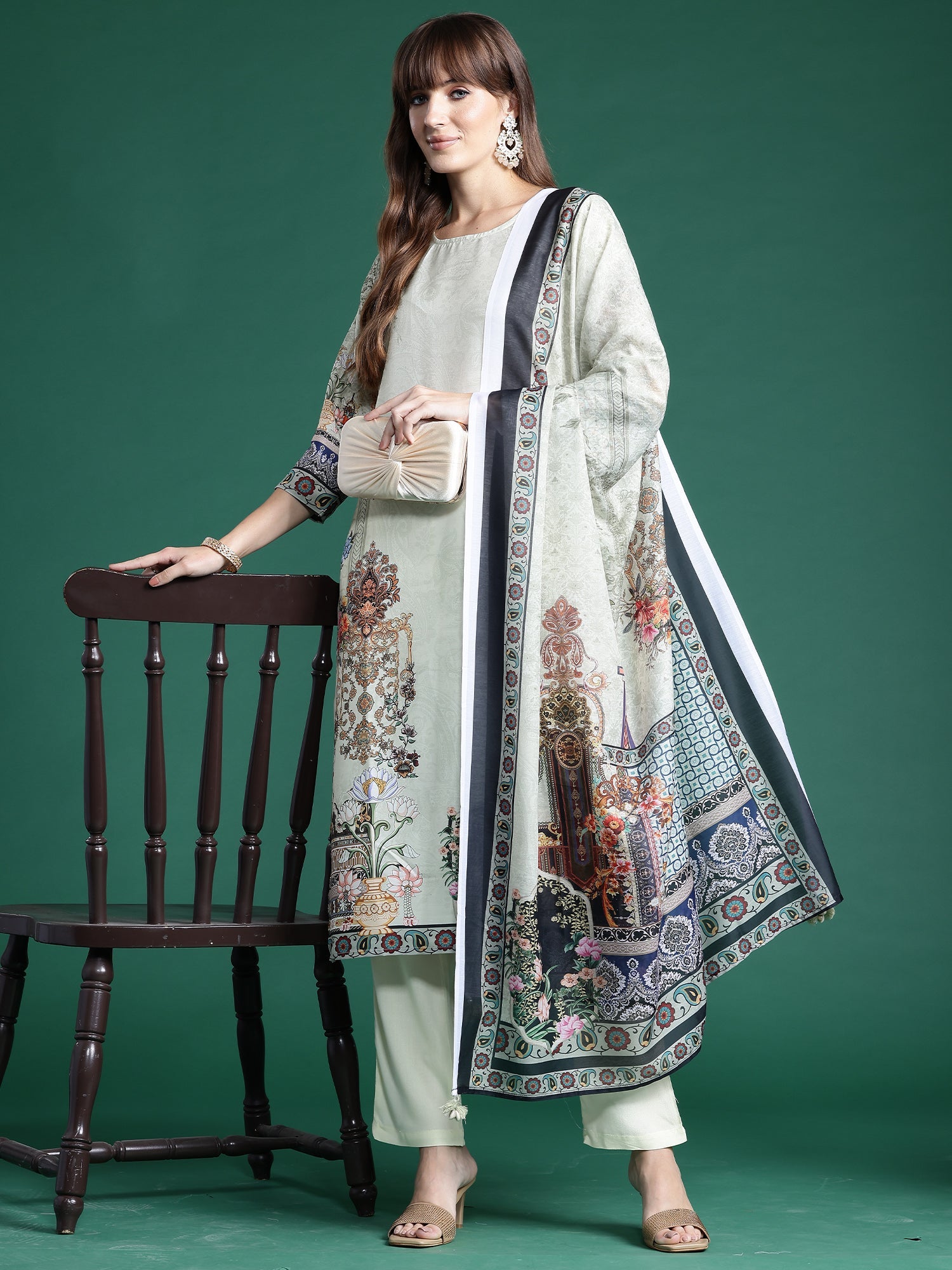 Women Green Printed Straight Kurta Trousers With Dupatta Set WomensFashionFun