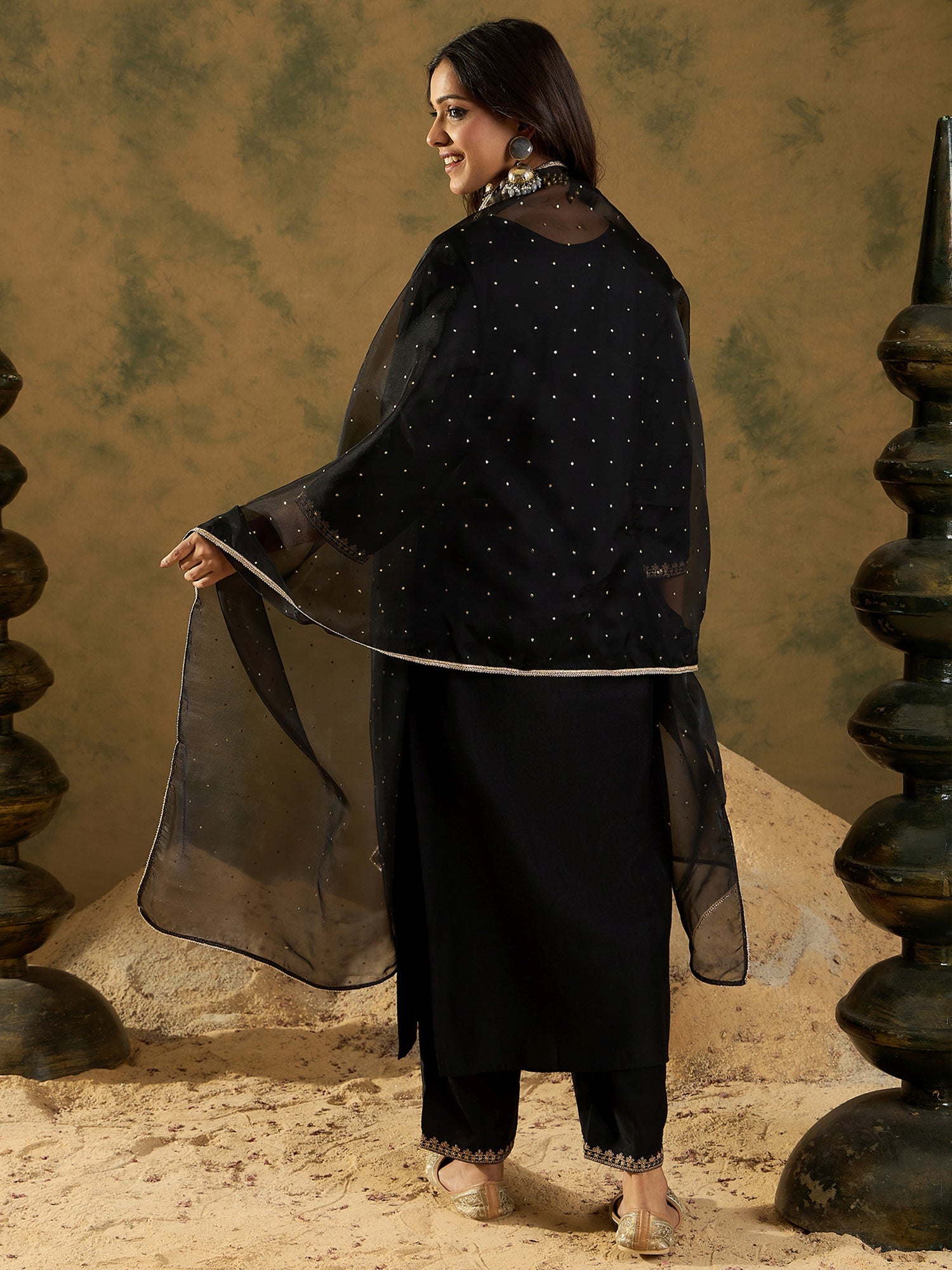 Women Black Embroidered Straight Kurta Trousers With Dupatta  Set WomensFashionFun