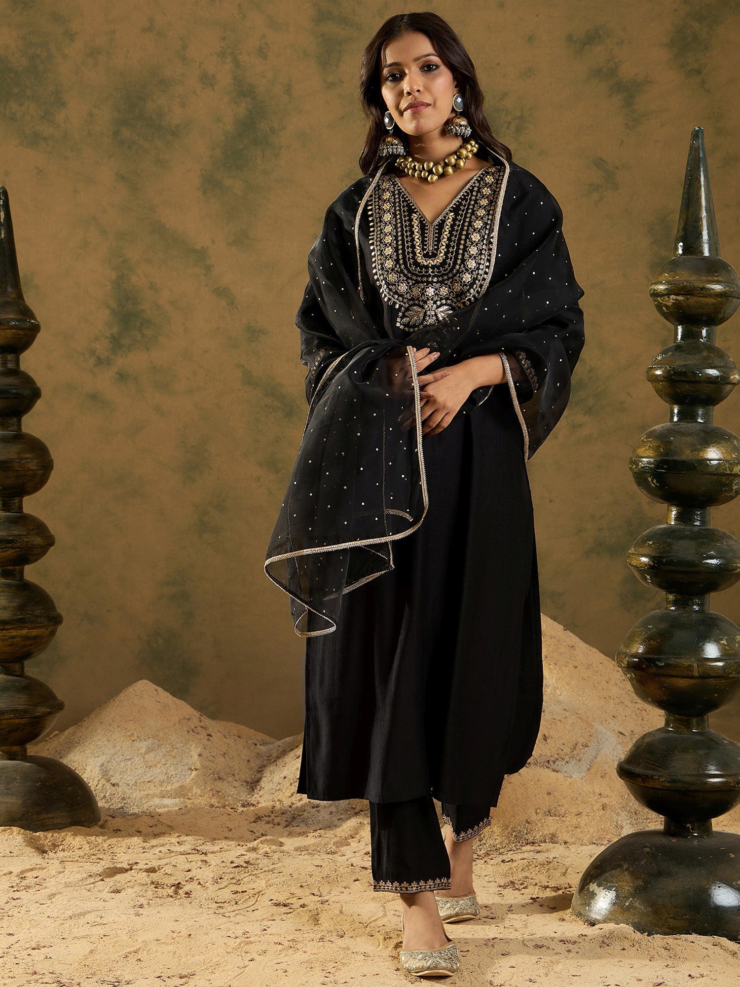 Women Black Embroidered Straight Kurta Trousers With Dupatta  Set WomensFashionFun